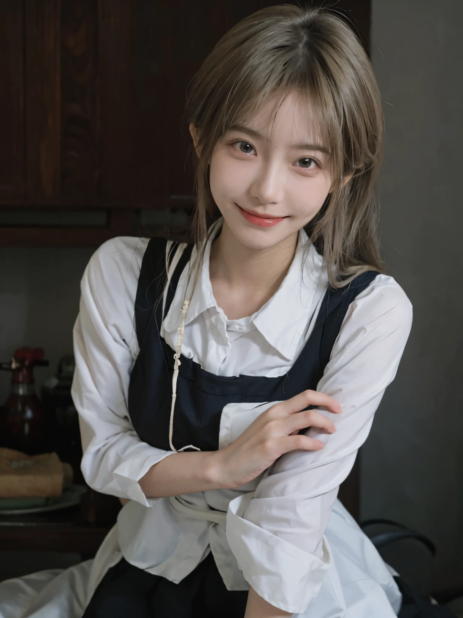 18 year old beautiful girl, big eyes, Big breasts, Petite and slim, 8K, top quality, (Very detailed header: 1.0), (The facial details are very rich: 1.0), (very fine hair: 1.0), maid uniform,  Clean and detailed anime art, Smile, blond hair, smooth long hair