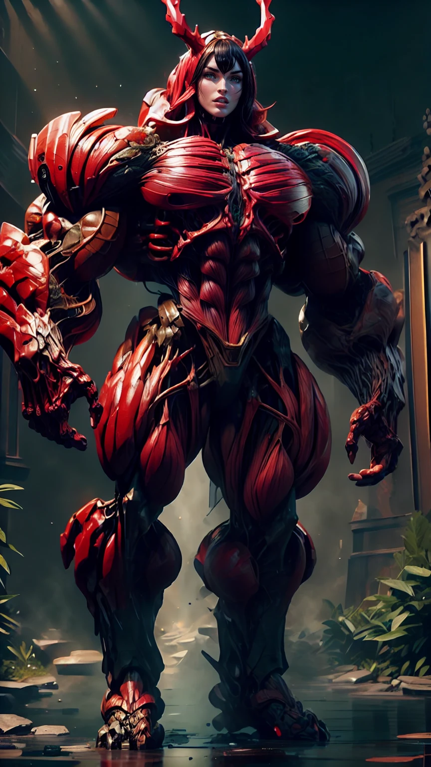 Cinematic, clear facial features and insanely detailed, the image captures the essence of (1 girl), (megan fox:1.25), (long red hair), (carnage skinless physique:1.25), (1 super muscular undead skinless succubus with gigantic horns:1.25), (covered in red necrotic rotting skinless muscle:1.25), (exposed muscles & veins everywhere:1.25), (perfect fingers:1.25) (full body pose:1.25). The color grading is beautifully done, enhancing the overall cinematic feel. Unreal Engine makes her appearance even more mesmerizing. With depth of field (DOF), every detail is focused and accentuated, drawing attention to her eyes and hair. Peak image resolution utilizing super-resolution technology ensures pixel perfection. Cinematic lighting enhances her aura, while anti-aliasing techniques like FXAA and TXAA keep the edges smooth and clean. Adding realism to the muscular bio-mecha succubus , RTX technology enables ray tracing. Additionally, SSAO (Screen Space Ambient Occlusion) gives depth and realism to the scene, the girl's presence even more convincing. In the post-processing and post-production stages, tone mapping enhances the colors, creating a captivating visual experience. The integration of CGI (Computer-Generated Imagery) and VFX (Visual Effects brings out her demonic features seamlessly . Incredible level of detail, with intricate elements meticulously crafted, the artwork hyper maximalist and hyper-realistic. Volumetric effects add depth and dimension, with unparalleled photorealism. 8k resolution rendering ensures super detailed visuals. The volumetric lighting adds a touch of magic, highlighting her beauty and aura in an otherworldly way. High Dynamic Range (HDR) tech makes the colors pop, adding richness to the overall composition. Ultimately, this artwork presents an unreal, yet stunningly real portrayal of an incredibly beautiful bio-mecha succubus girl. The sharp focus ensures that every feature is crisply defined, creating a captivating presence. (girl face:1.45)