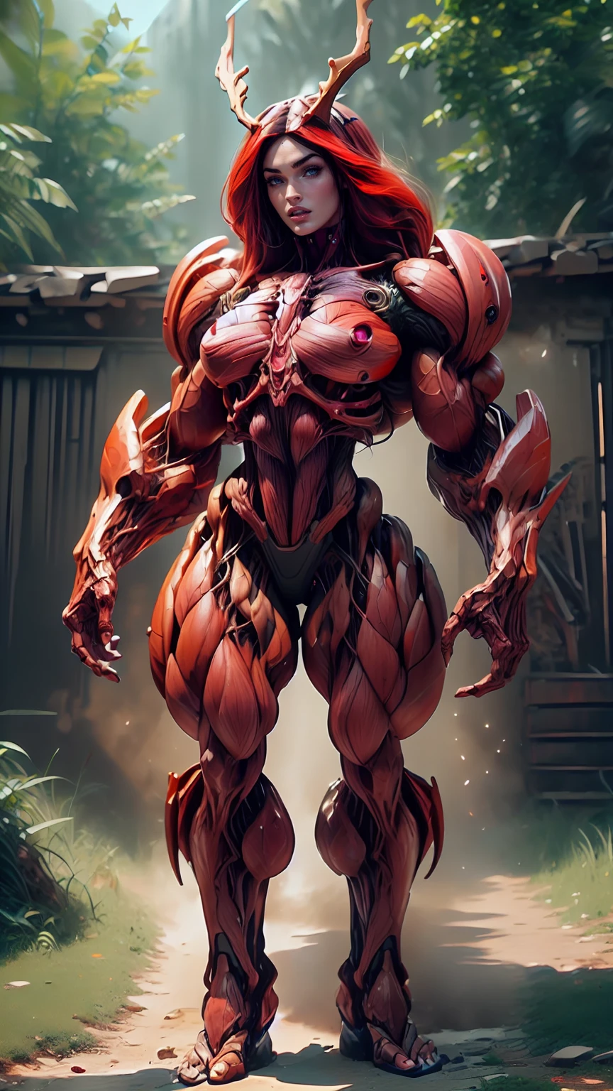 (1 girl), (megan fox:1.25), (muscular android girl wearing a red anatomic bio-mecha cybernetic muscle suit:1.25), (wide shoulders:1.25), (muscular defined physique:1.25), perfect hands, (long hair:1.25), looking at viewer, high resolution image, extreme detail, blank background