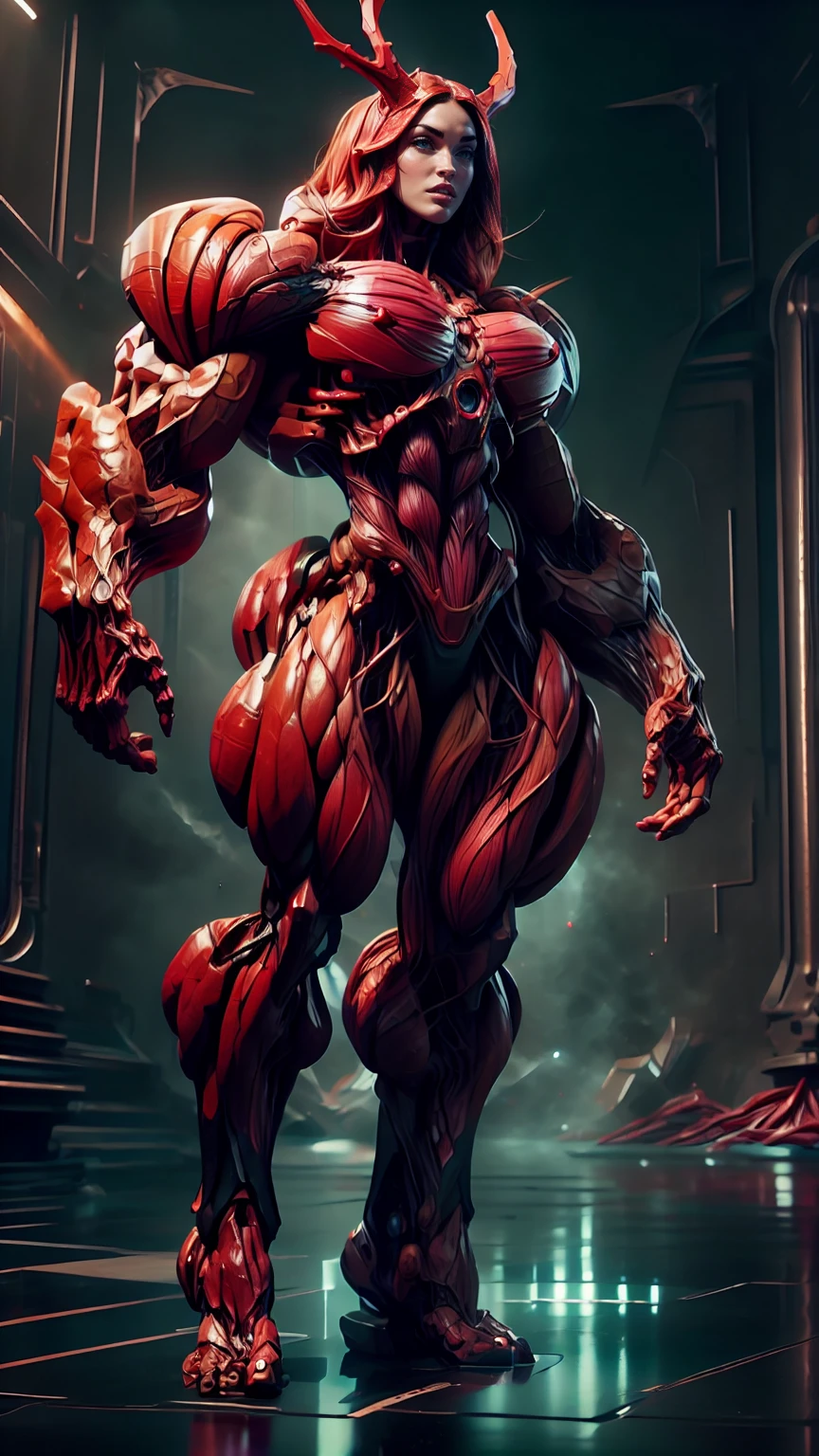 Cinematic, clear facial features and insanely detailed, the image captures the essence of (1 girl), (megan fox:1.25), (long red hair), (carnage skinless physique:1.25), (1 super muscular undead skinless succubus with gigantic horns:1.25), (covered in red necrotic rotting skinless muscle:1.25), (exposed muscles & veins everywhere:1.25), (perfect fingers:1.25) (full body pose:1.25). The color grading is beautifully done, enhancing the overall cinematic feel. Unreal Engine makes her appearance even more mesmerizing. With depth of field (DOF), every detail is focused and accentuated, drawing attention to her eyes and hair. Peak image resolution utilizing super-resolution technology ensures pixel perfection. Cinematic lighting enhances her aura, while anti-aliasing techniques like FXAA and TXAA keep the edges smooth and clean. Adding realism to the muscular bio-mecha succubus , RTX technology enables ray tracing. Additionally, SSAO (Screen Space Ambient Occlusion) gives depth and realism to the scene, the girl's presence even more convincing. In the post-processing and post-production stages, tone mapping enhances the colors, creating a captivating visual experience. The integration of CGI (Computer-Generated Imagery) and VFX (Visual Effects brings out her demonic features seamlessly . Incredible level of detail, with intricate elements meticulously crafted, the artwork hyper maximalist and hyper-realistic. Volumetric effects add depth and dimension, with unparalleled photorealism. 8k resolution rendering ensures super detailed visuals. The volumetric lighting adds a touch of magic, highlighting her beauty and aura in an otherworldly way. High Dynamic Range (HDR) tech makes the colors pop, adding richness to the overall composition. Ultimately, this artwork presents an unreal, yet stunningly real portrayal of an incredibly beautiful bio-mecha succubus girl. The sharp focus ensures that every feature is crisply defined, creating a captivating presence. (girl face:1.45)