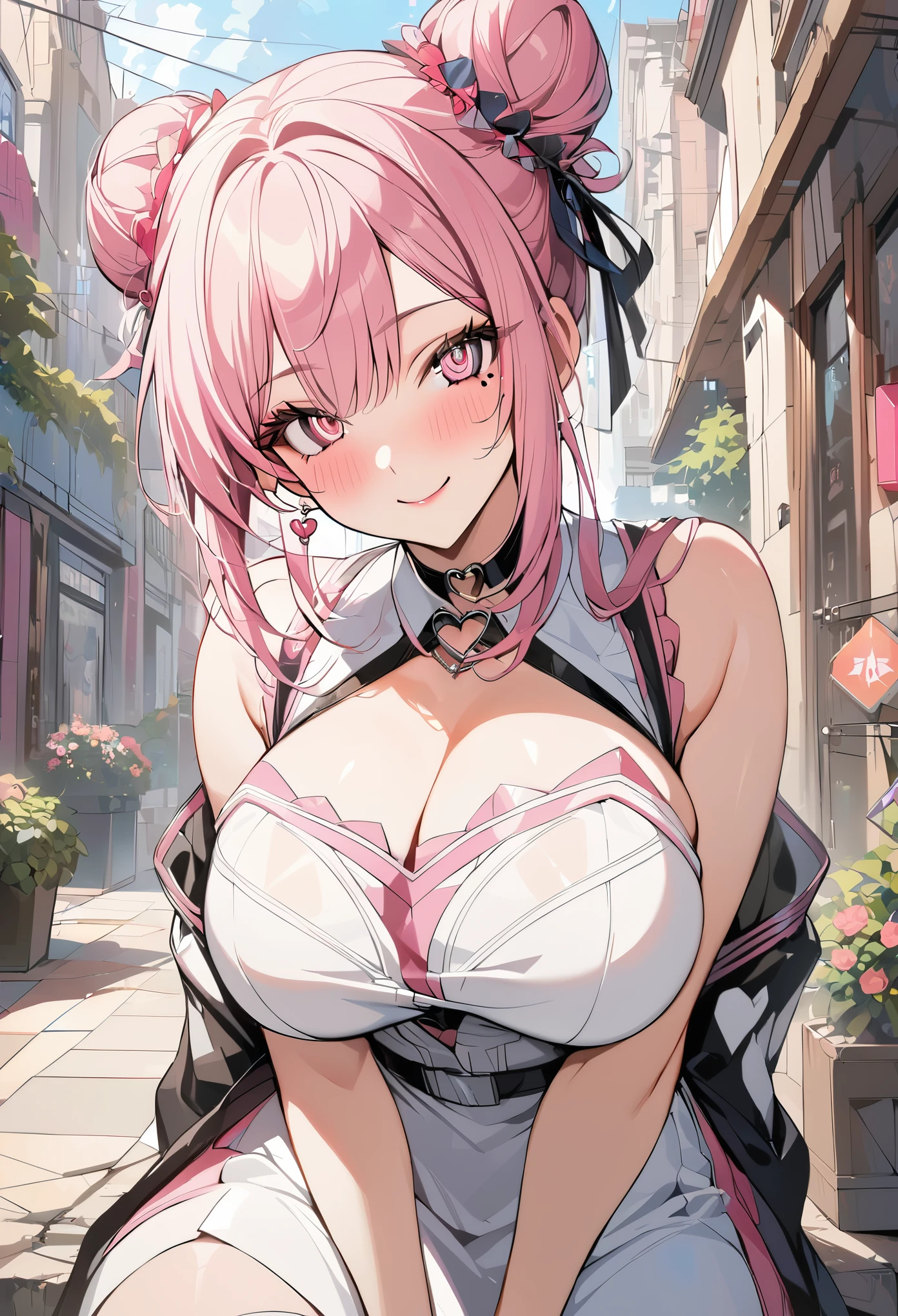 1 girl, pink long bun hair, heart shaped eyes, ♡, big breasts, Stewardess clothes, {girl with pink long bun hair named Nami}, (Pink eye color), {downtown}, (smile), bright background , mole under eye, heart shaped choker, (masterpiece, highest quality), very detailed, highest quality, official art, beautiful and aesthetic: 1.2), (1 girl), very detailed, (geometry art: 1.3), colorful, most detailed ?d1 girl, pink long bun hair, Eye of the symbol, +__+, big breasts, gothic costume, {A girl with long pink bun hair named Nami}, (Pink eye color), {downtown}, (smile), bright background, （garden,beautiful flower々）,mole under eye, heart shaped choker, (masterpiece, highest quality), official art, beautiful and aesthetic: 1.2), (1 girl), very detailed, (geometry art: 1.3), colorful