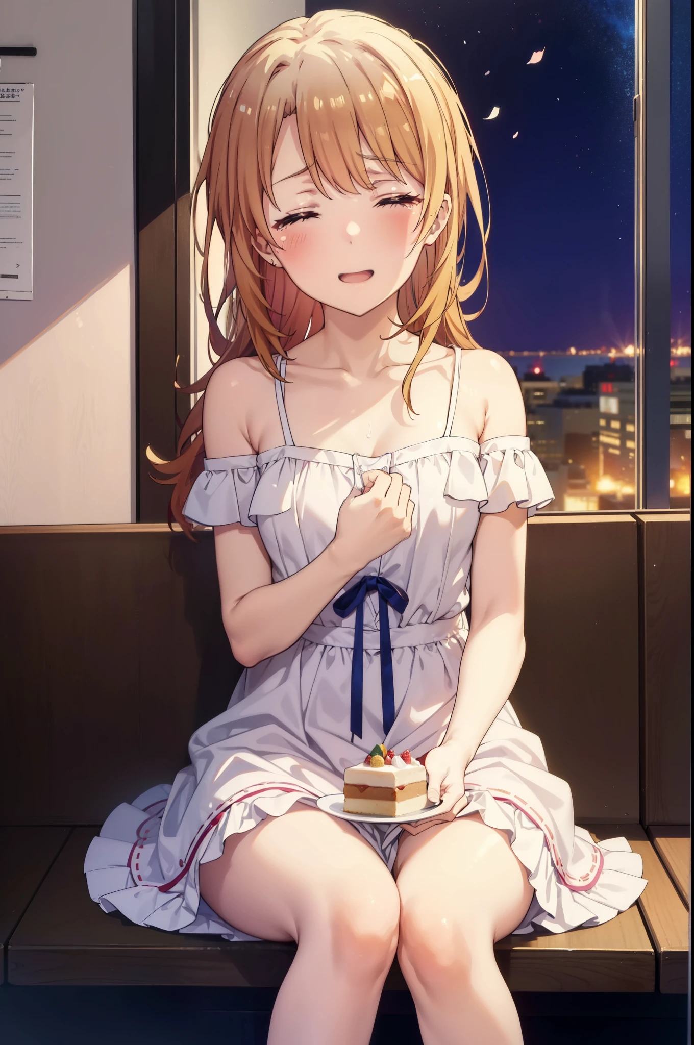 irohaisshiki, iroha isshiki, long hair, brown hair, smile,blush,open your mouth,close both eyes,tears run down her face,Crying with joy,cry a lot,white off shoulder dress,bare clavicle,bare shoulders,naked neck,long skirt,stiletto heels,A large cake and food are placed on the table.,sitting in a chair,confetti,ロマンチックな雰囲気
break indoors, A restaurant with a beautiful night view,
break looking at viewer,
break (masterpiece:1.2), highest quality, High resolution, unity 8k wallpaper, (figure:0.8),  highly detailed face, perfect lighting, Very detailed CG, (perfect hands, perfect anatomy),