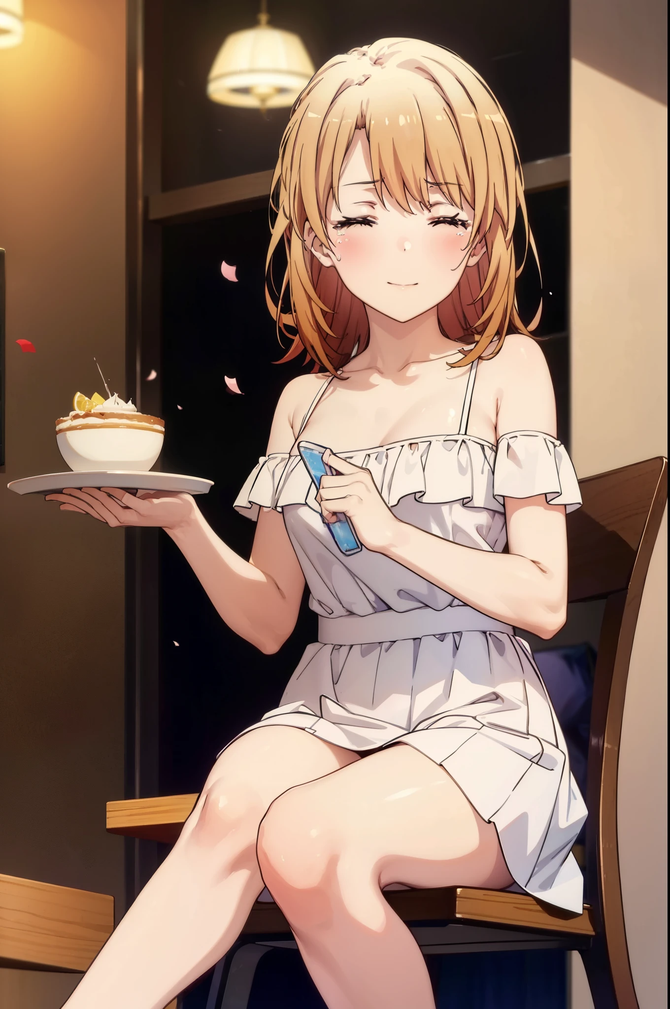 irohaisshiki, iroha isshiki, long hair, brown hair, smile,blush,open your mouth,close both eyes,tears run down her face,Crying with joy,cry a lot,white off shoulder dress,bare clavicle,bare shoulders,naked neck,long skirt,stiletto heels,A large cake and food are placed on the table.,sitting in a chair,confetti,ロマンチックな雰囲気
break indoors, A restaurant with a beautiful night view,
break looking at viewer,
break (masterpiece:1.2), highest quality, High resolution, unity 8k wallpaper, (figure:0.8),  highly detailed face, perfect lighting, Very detailed CG, (perfect hands, perfect anatomy),