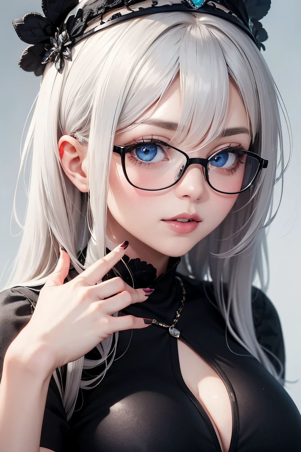 ((best quality)), ((masterpiece)), (detailed), perfect seductive face a beautiful white-toned girl with black and silver hair wearing glasses and wearing black clothes, blue eyes, glossy skin. detailed skin, pink lips with a tiara on her head,  fingering her pussy