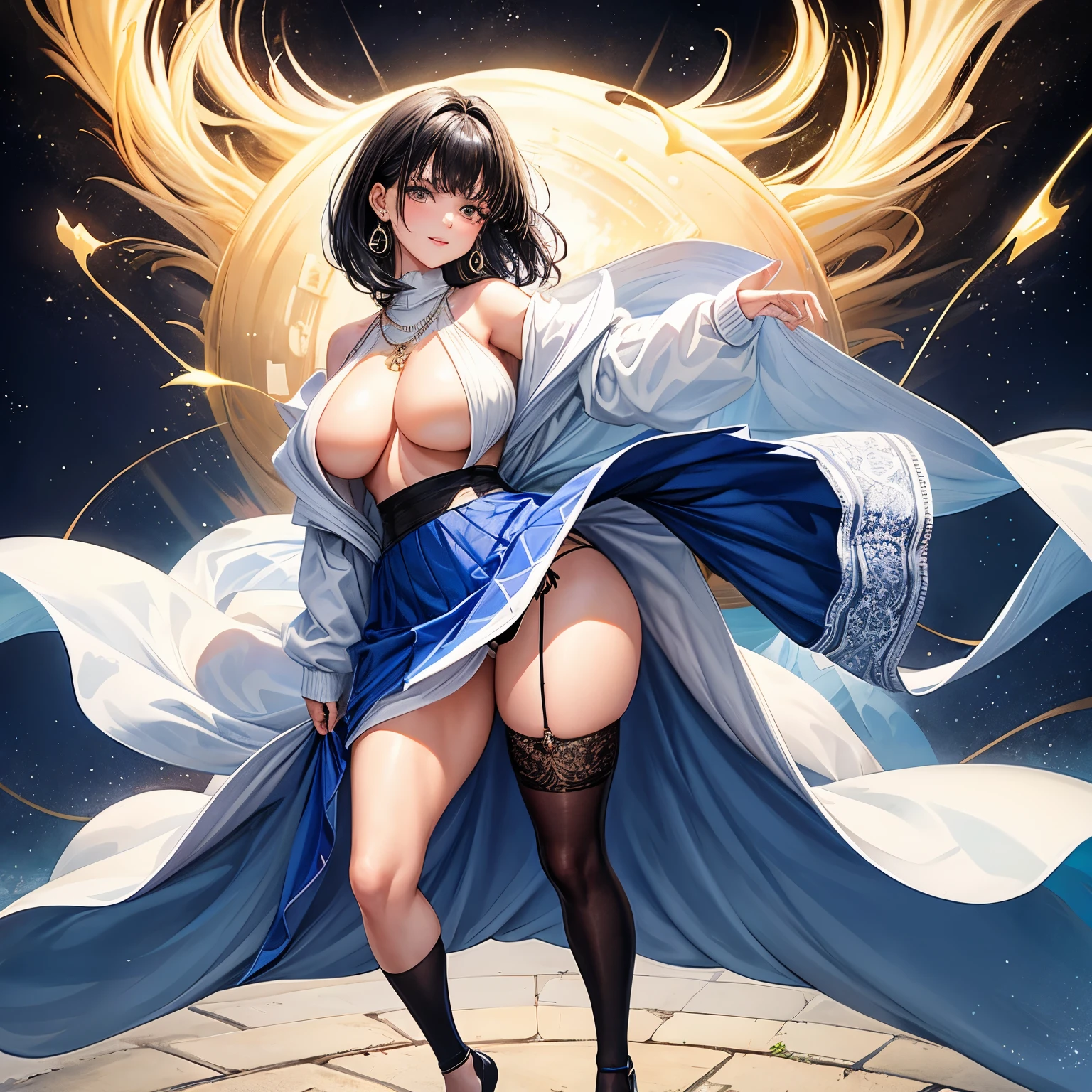 A beautiful 20-year-old woman with short wavy black hair and bangs, her nipples slightly swollen, is wearing a white turtleneck jersey and a long blue skirt. Her black medium-length socks cover her legs, while her cute smile lights up her face. She poses in a way that accentuates her alluring curves, with her back turned, showcasing her sexy hips. Black high heels adorn her feet, and a large statement necklace adorns her neck. Suddenly, a gust of wind blows, causing her skirt to lift, exposing her celestial lace panties. She completes her look with adorable earrings, slightly tilting her head to add a touch of charm.
