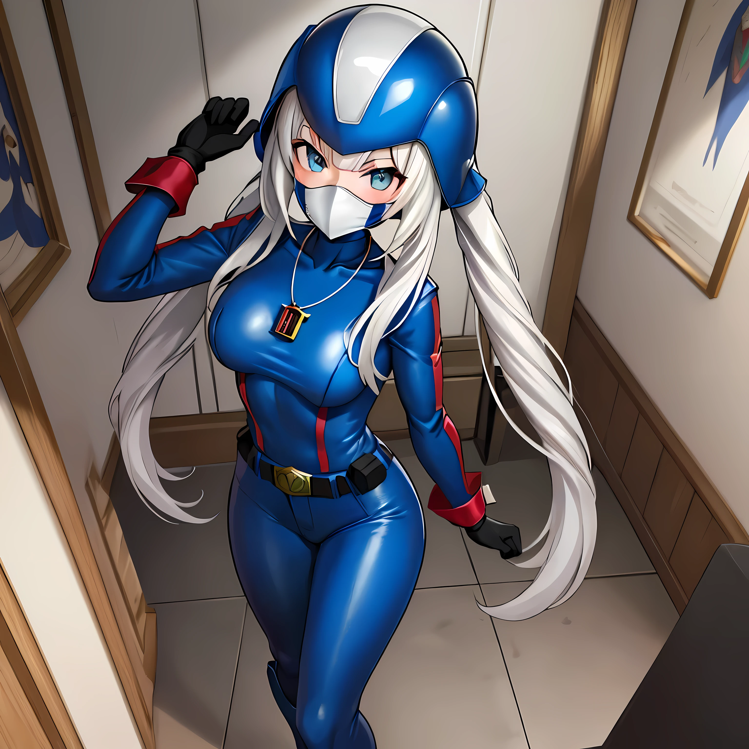 Best quality, 8k, 32k, Masterpiece, high resolution, unity 8k wallpaper, illustration, anime style, perfect lighting, extremely detailed CG, 1girl, solo, ((gijoe-cc, fully face sliver mask, sliver mask, sliver color mask, blue helmet)), marie antoinette, long hair, white hair, twintails, frills, jewelry, necklace, gloves, belt, black gloves, holding, bodysuit, blue bodysuit, looking at viewer, indoors, standing, throne, evilness, military,