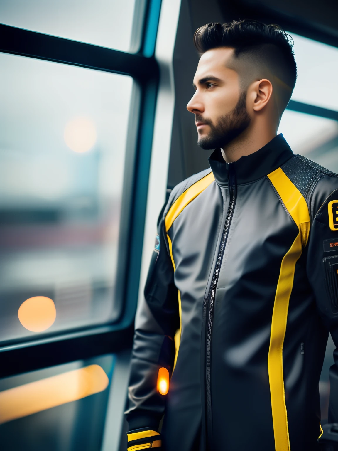 ?????_Science fiction, foto premiada de um homem, black flight suit with yellow details, Cabelo castanho, (olhos cinzentos:1.35), queixo quadrado, asymmetrical face, Standing in front of a window on a spaceship, 80mm, Bokeh, Efeito em massa, fechar-se, ?????_cinema_v2