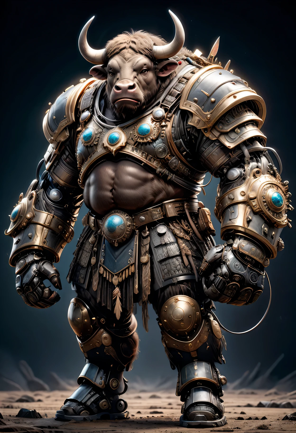 photorealistic portrait of Dressed animals - a ((fat)) buffalo warrior,(brave pose), high quality,(lovely) ,intricate detailed giant mechanical arms, highly detailed ((mechanical armor) ,,highly detailed decorations, , (brave), studio lighting,(full body image from head to toe:1.5)
