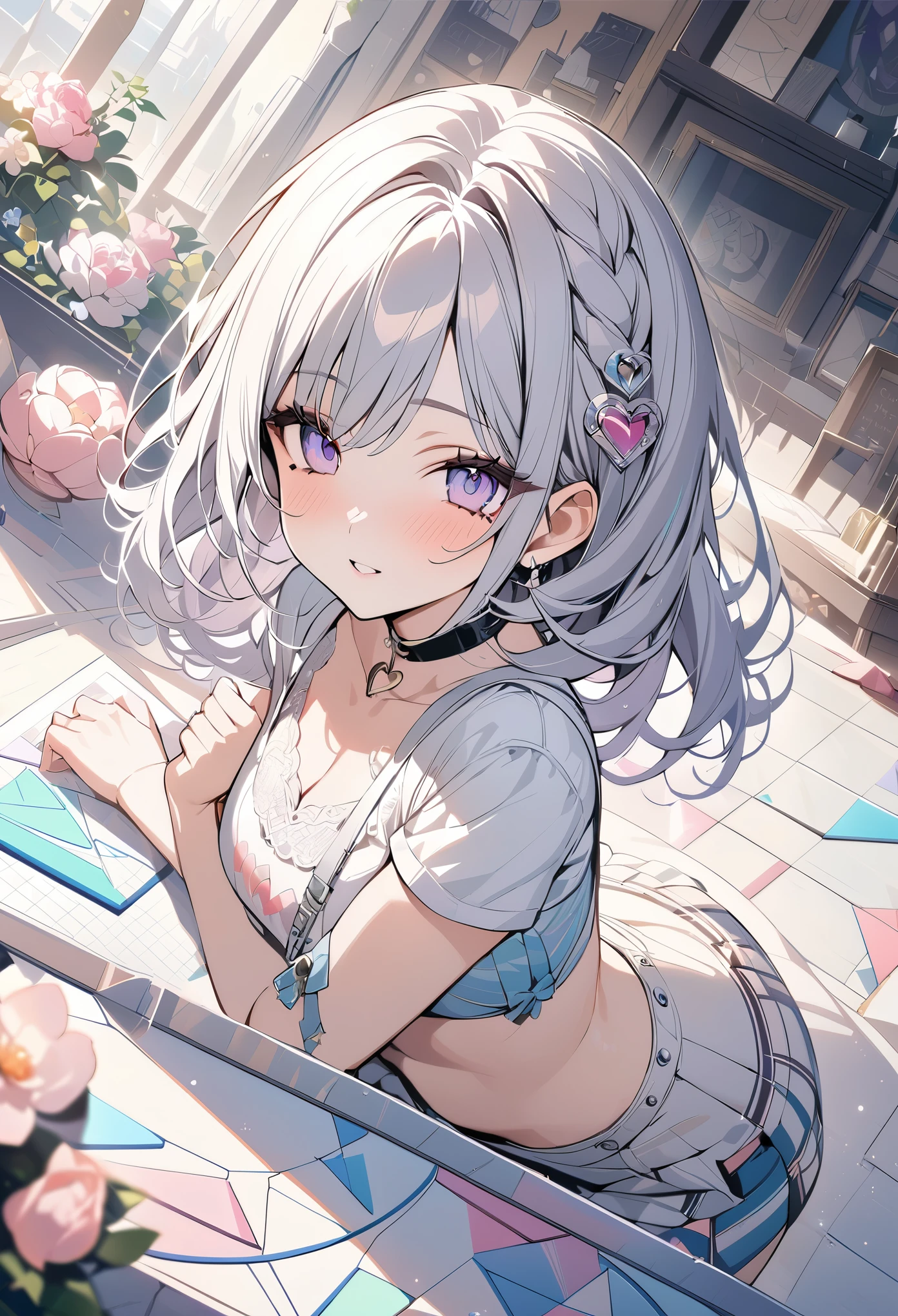 ,beautiful flower々）,mole under eye, heart shaped choker, (masterpiece, highest quality), official art, beautiful and aesthetic: 1.2), (1 girl), very detailed, (geometry art: 1.3), colorful