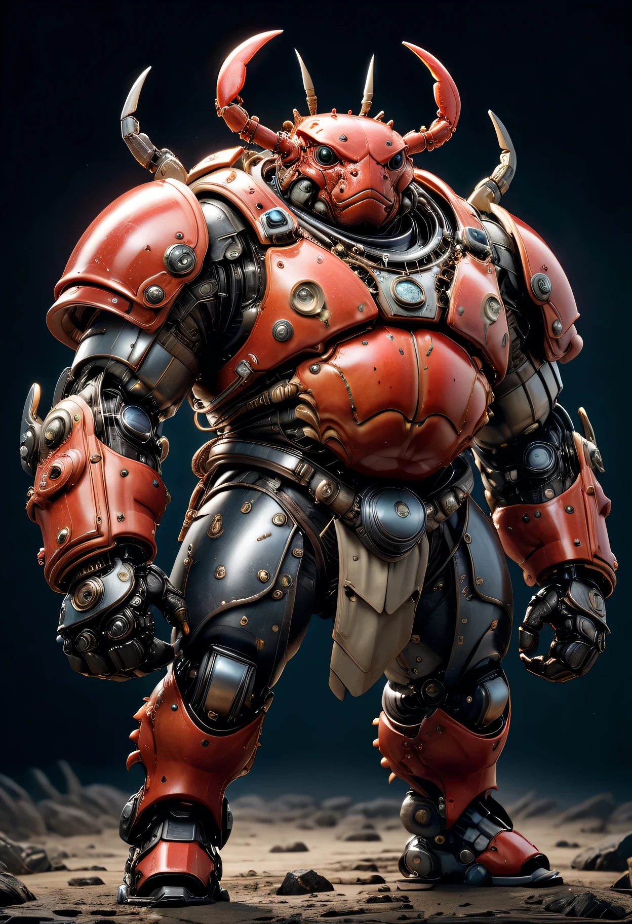 photorealistic portrait of Dressed animals - a ((fat)) crab warrior,(brave pose), high quality,(lovely) ,intricate detailed giant mechanical arms, highly detailed ((mechanical armor) ,,highly detailed decorations, , (brave), studio lighting,(full body image from head to toe:1.5)