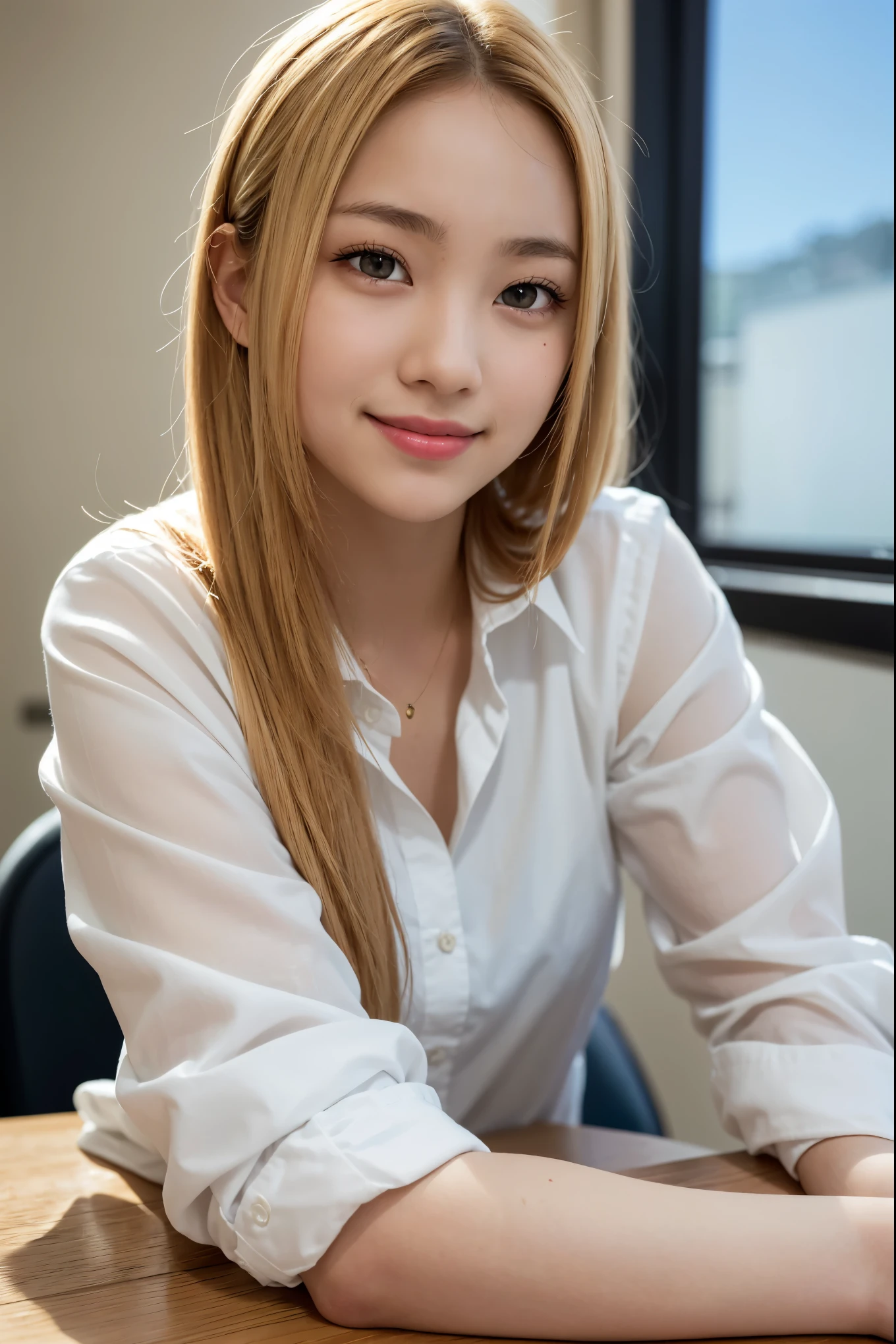 Realistic, masterpiece, highest quality, highest resolution, one Japanese high school girl, 16 years old, upper body photo, Staring at me while smiling, smiling with open mouth, Beautiful and detailed eye drawing, droopy eyes, black eyes, thin eyebrows, Carefully draw eyelashes, A little tooth is visible, natural makeup, (blonde hair, midium hair, middle part:1.3), detailed face, white shirt, A was photographed from slightly behind., school classroom