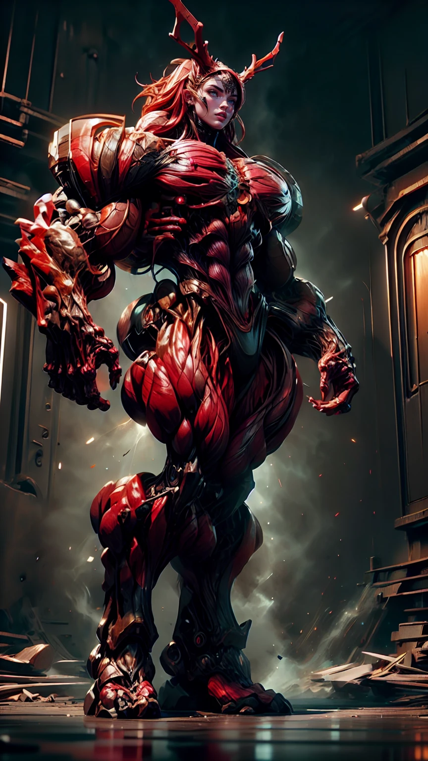 megan fox as a vampiric muscular red carnage, (mouth wide open with tongue out:1.25), (red carnage anatomic muscular bio-mecha muscle suit:1.25), (body totally covered in muscles, veins, tendons), (perfect muscular anatomy),