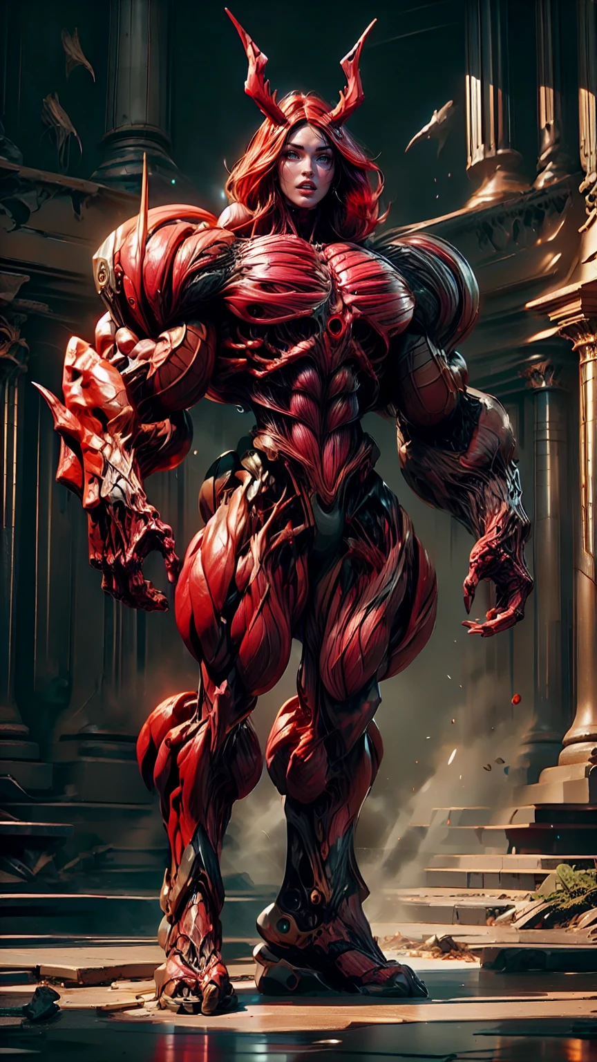 Cinematic, clear facial features and insanely detailed, the image captures the essence of (1 girl), (megan fox:1.25), (long red hair), (carnage skinless physique:1.25), (1 super muscular undead skinless succubus with gigantic horns:1.25), (covered in red necrotic rotting skinless muscle:1.25), (exposed muscles & veins everywhere:1.25), (perfect fingers:1.25) (full body pose:1.25). The color grading is beautifully done, enhancing the overall cinematic feel. Unreal Engine makes her appearance even more mesmerizing. With depth of field (DOF), every detail is focused and accentuated, drawing attention to her eyes and hair. Peak image resolution utilizing super-resolution technology ensures pixel perfection. Cinematic lighting enhances her aura, while anti-aliasing techniques like FXAA and TXAA keep the edges smooth and clean. Adding realism to the muscular bio-mecha succubus , RTX technology enables ray tracing. Additionally, SSAO (Screen Space Ambient Occlusion) gives depth and realism to the scene, the girl's presence even more convincing. In the post-processing and post-production stages, tone mapping enhances the colors, creating a captivating visual experience. The integration of CGI (Computer-Generated Imagery) and VFX (Visual Effects brings out her demonic features seamlessly . Incredible level of detail, with intricate elements meticulously crafted, the artwork hyper maximalist and hyper-realistic. Volumetric effects add depth and dimension, with unparalleled photorealism. 8k resolution rendering ensures super detailed visuals. The volumetric lighting adds a touch of magic, highlighting her beauty and aura in an otherworldly way. High Dynamic Range (HDR) tech makes the colors pop, adding richness to the overall composition. Ultimately, this artwork presents an unreal, yet stunningly real portrayal of an incredibly beautiful bio-mecha succubus girl. The sharp focus ensures that every feature is crisply defined, creating a captivating presence. (girl face:1.45)