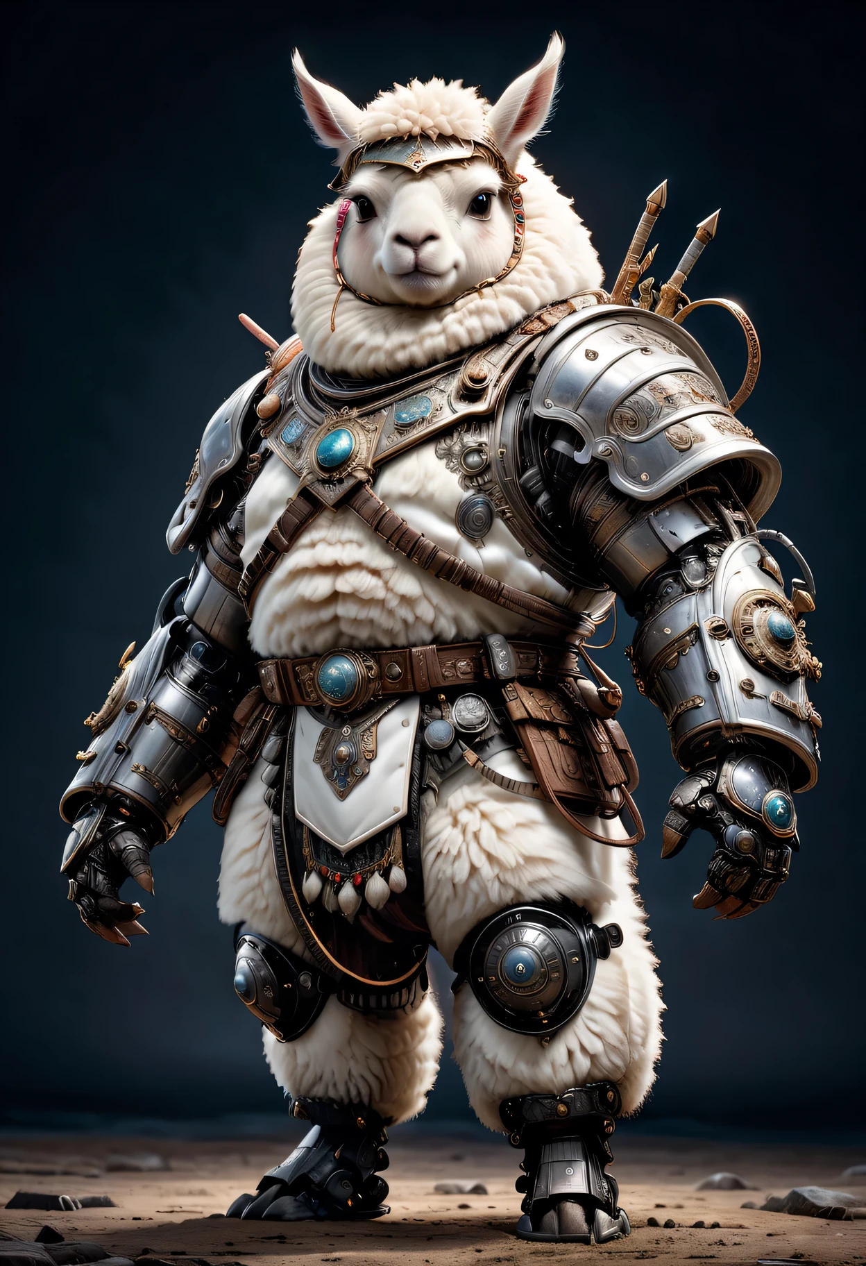 photorealistic portrait of Dressed animals - a ((fat)) white alpaca warrior,(brave pose), high quality,(lovely) ,intricate detailed giant mechanical arms, highly detailed ((mechanical armor) ,,highly detailed decorations, , (brave), studio lighting,(full body image from head to toe:1.5)
