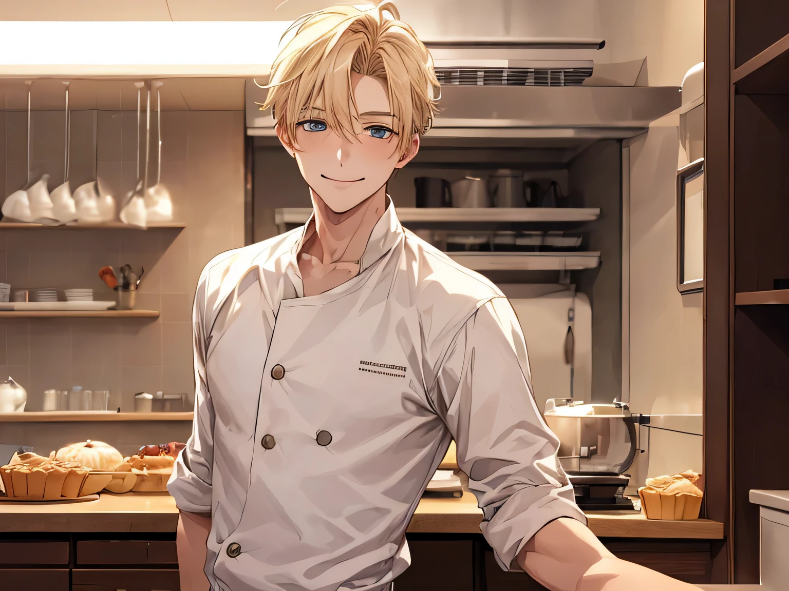 1 male, baby face,20generation,blonde, kind, Pastry chef look,upper body shot, smile gently, omega,Background kitchen