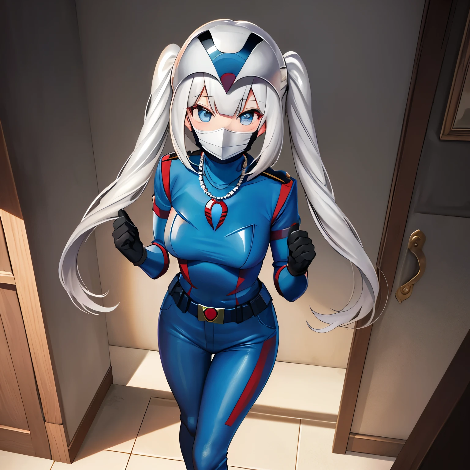 Best quality, 8k, 32k, Masterpiece, high resolution, unity 8k wallpaper, illustration, anime style, perfect lighting, extremely detailed CG, 1girl, solo, ((gijoe-cc, cobra commander mask, sliver mask, sliver mask, blue helmet)), marie antoinette, long hair, white hair, twintails, frills, jewelry, necklace, gloves, belt, black gloves, holding, bodysuit, blue bodysuit, looking at viewer, indoors, standing, throne, evilness, military,