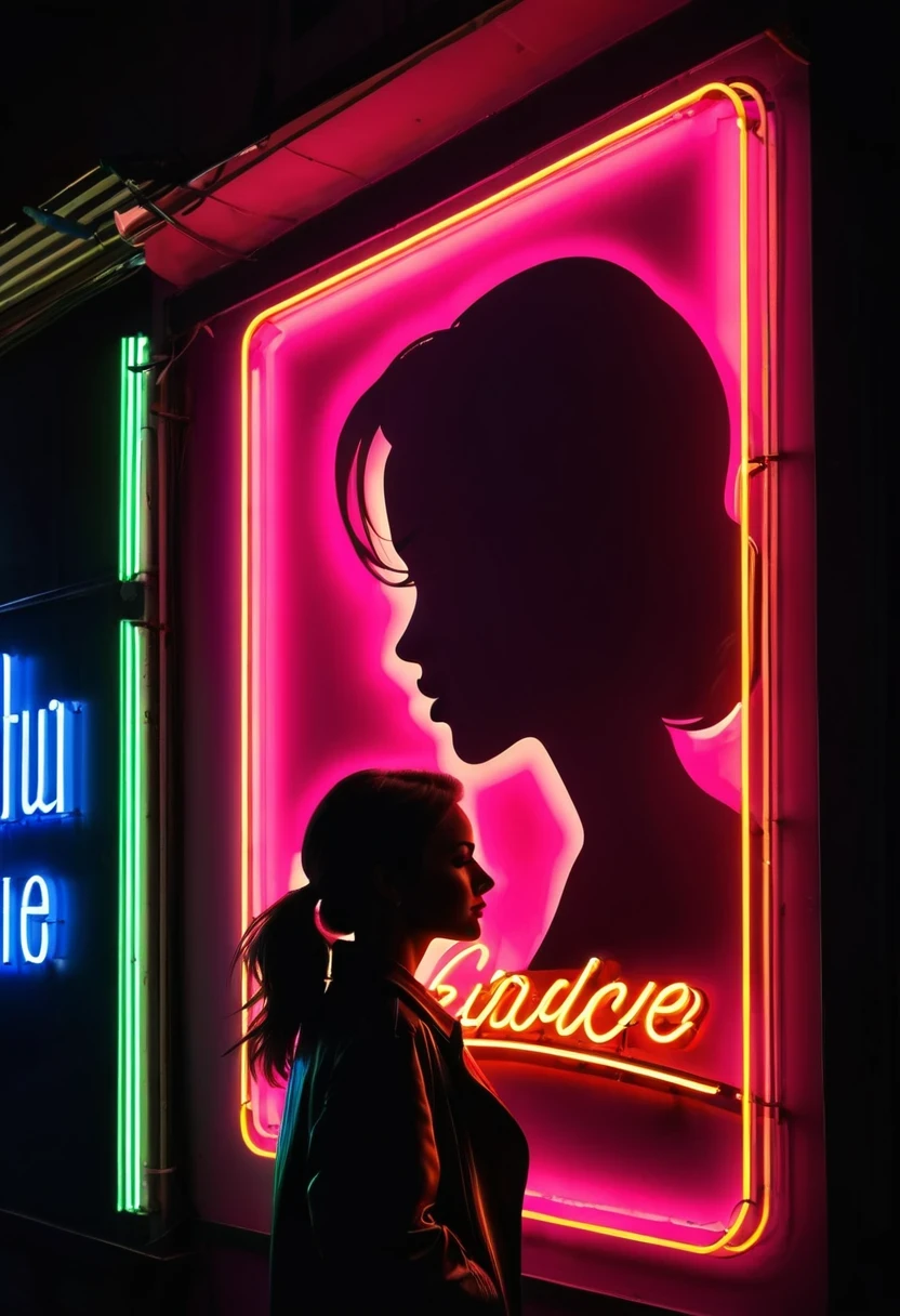 Side face silhouette，Shadow of beautiful woman under neon sign,Huge neon signboard，Neon sign with text