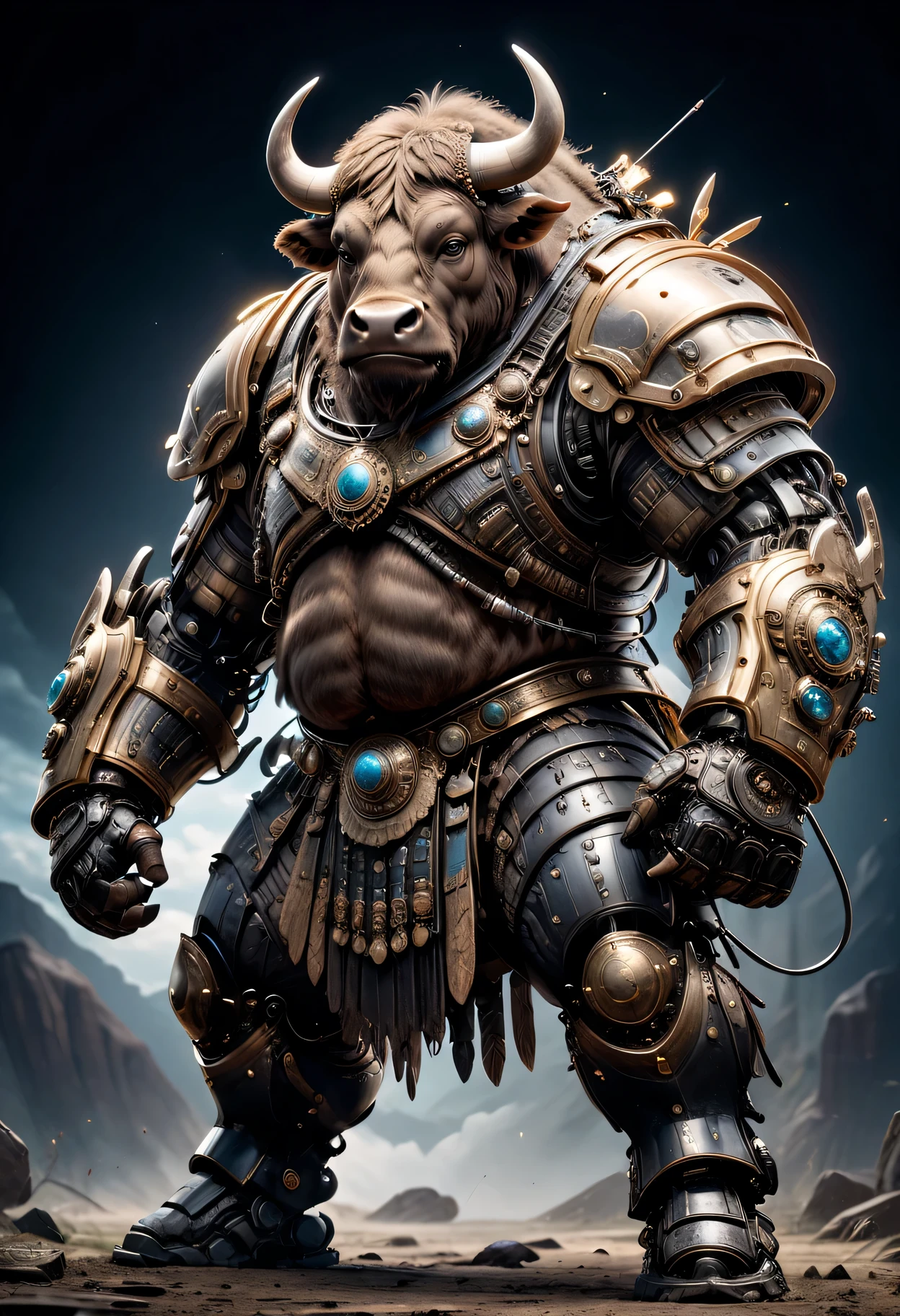 photorealistic portrait of Dressed animals - a ((fat)) buffalo warrior,(brave pose), high quality,(lovely) ,intricate detailed giant mechanical arms, highly detailed ((mechanical armor) ,,highly detailed decorations, , (brave), studio lighting,(full body image from head to toe:1.5)
