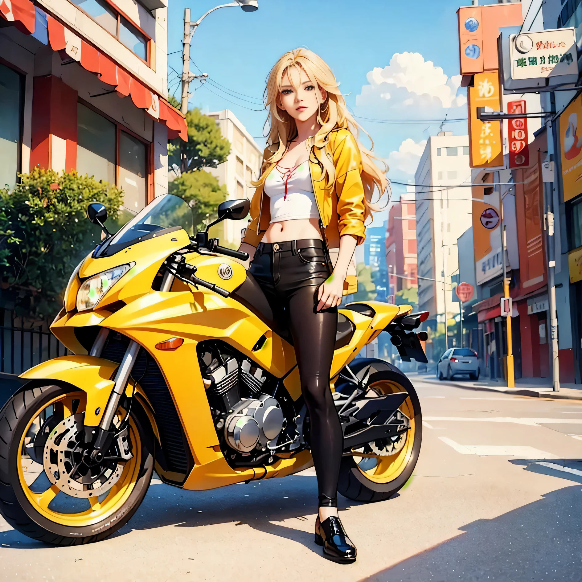 anime girl sitting on a yellow motorcycle in a city, blonde anime girl with long hair, anime style illustration, Beautiful anime art style, Drawing in animation artist studio, anime style artwork, beautiful anime girl, Realistic anime art style, (anime girl), Beautiful anime artwork, style art, 动漫style art, Produced by Anime Painter Studio, Realistic anime 3D style