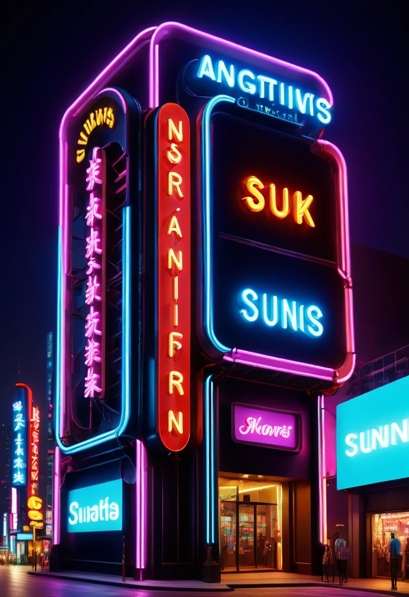 a neon sign，at the top of the building，Neon sign with text , night,  shop, Ultra-detailed, actual, surreal, high quality, the best, Ultra-detaileded, insane detailed, Very detailed, lifelike, magnificent composition, the best质量, 32k