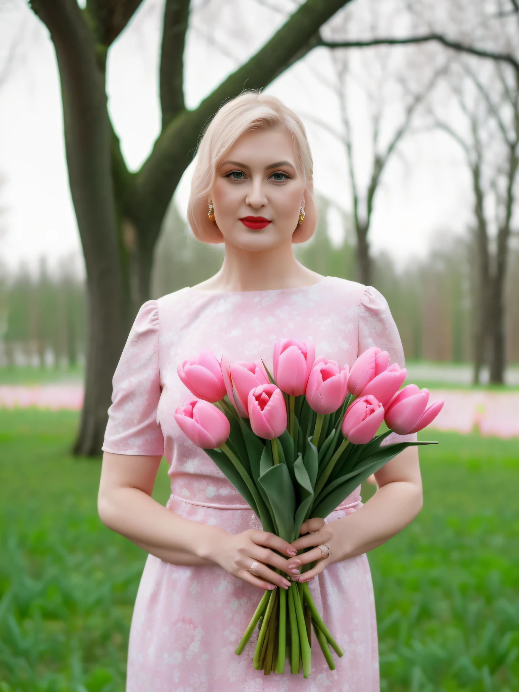 Araffed woman in a pink dress holds a bouquet of pink tulips, Yelena Belova, Kirsi Salonen, dressed in a pink dress, in a pink dress with a floral print, Magdalena more often, with flowers, holding flowers, Alexandra Valishevskaya, in a pink dress, female portrait with flowers, Sofia Emelenko