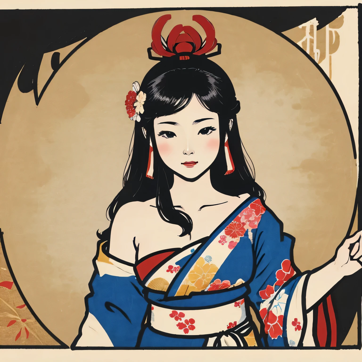 Art vintage japonais, Conception de t-shirts, art vectoriel, art plat:1,4. \\ (japonaise, en kimono, best quality, Art officiel, Beaucoup de couleurs, couleurs du japon, ukiyo-e, couleurs, printemps , bare shoulders, belles formes,: 1.2