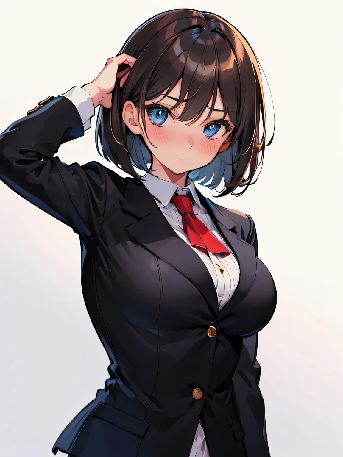 (highest quality), (Super detailed), (Best Illustration), (beautiful girl), (((from front))), (upper body), (black blazer), (big breasts), brown hair, bob cut, hair between eyes, messy hair, full-face blush, blue eyes, ((white background)),