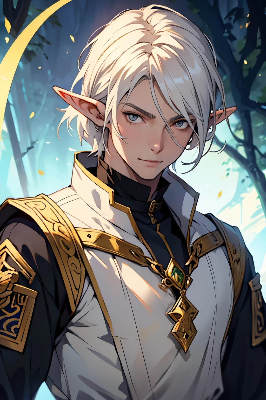 anime - style image of a young elf with brown eyes and white hair, a portrait of a male elf, beautiful male elf, a male elf, portrait of a young elf wizard, handsome guy in demon slayer art, elven male, young half elf wizard, beautiful androgynous prince, elven character with smirk, artwork in the style of guweiz, serious, short hair