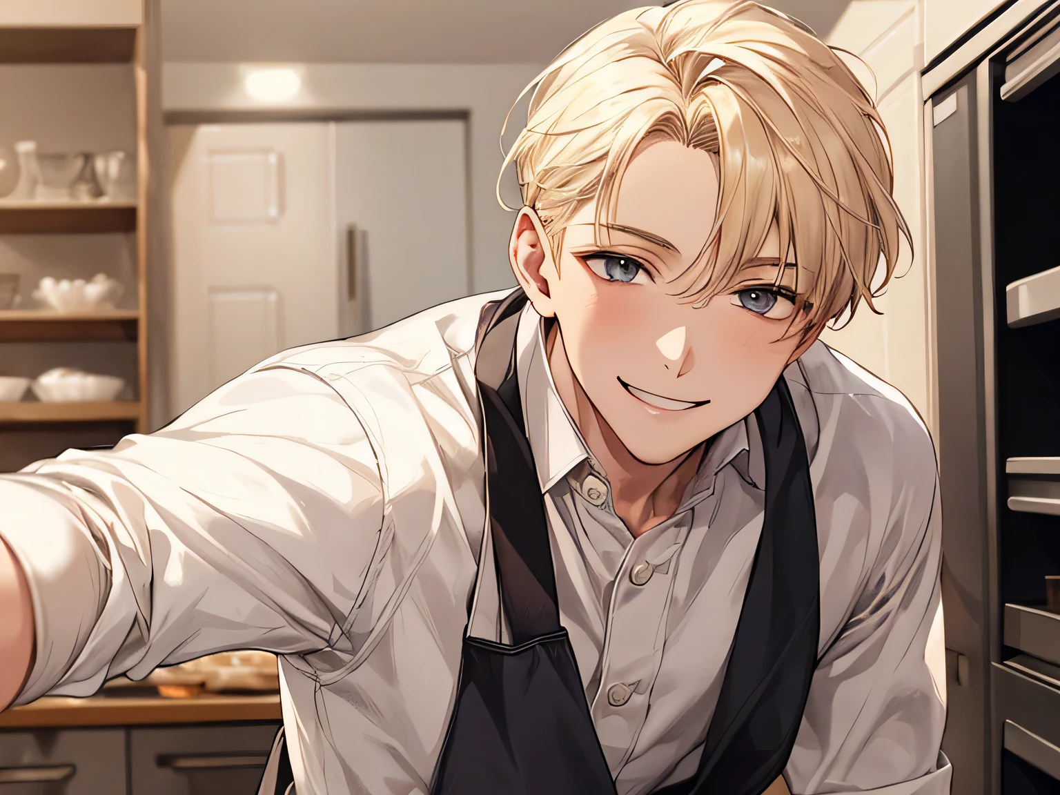 1 male, ,２０generation,blonde, kind, Pastry chef look,upper body shot, smile gently, omega,Background kitchen