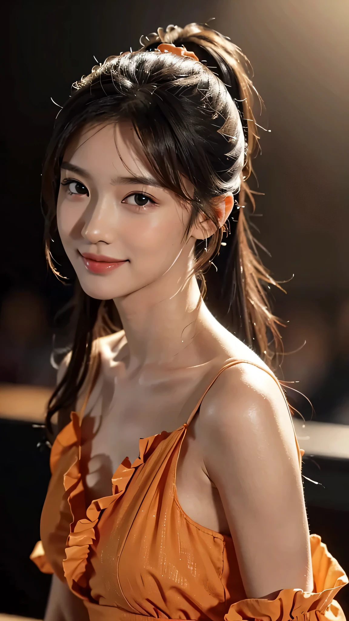 Orange colored long dress with lots of ruffles, softly shaped skirt,One woman,fully body photo,masutepiece, The highest image quality, High quality, the background is clear,Beautiful woman, Japanese, Detailed, Detailed eyes, Detailed skin, Beautiful skin, 超hight resolution, (reality: 1.4),Very beautiful woman, Slightly younger face, Beautiful skin, slender, (Ultra photo realsisim), (hight resolution), (8K), (Very detailed) (beautifully detailed eyes), (super detailed), (Detailed face), view the viewer, Fine details, Detailed face, Staring straight ahead, Staring straight ahead, photos realistic, Bright lighting, Professional Lighting, Black hair,poneyTail,a baby face,sixteen years old,Hairstyle is ponytail,long ponytail hairstyle,smile,standing on stage at a concert venue,close up of face