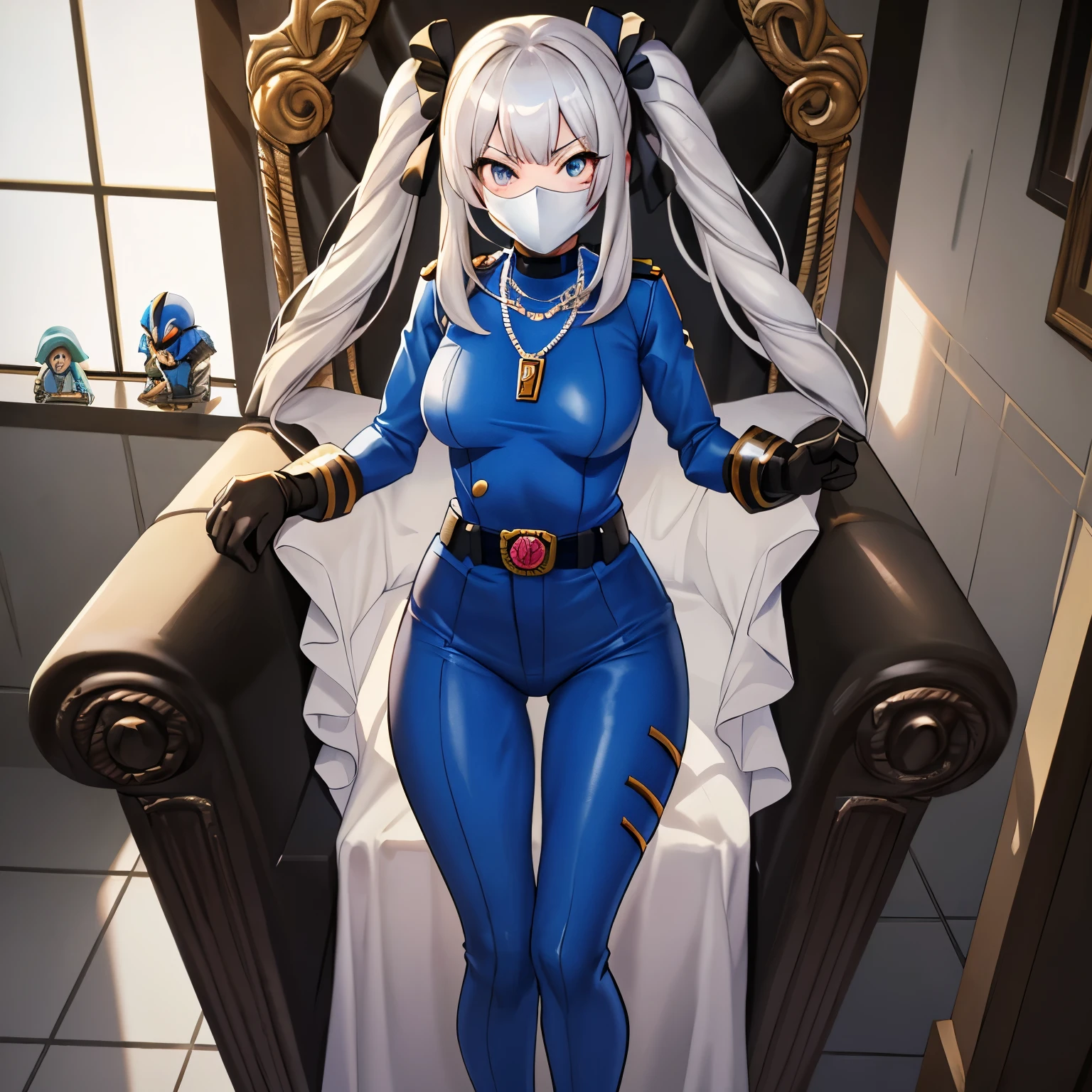 Best quality, 8k, 32k, Masterpiece, high resolution, unity 8k wallpaper, illustration, anime style, perfect lighting, extremely detailed CG, 1girl, solo, ((gijoe-cc, sliver mask, blue helmet)), marie antoinette, long hair, white hair, twintails, frills, jewelry, necklace, gloves, belt, black gloves, holding, bodysuit, blue bodysuit, cobra emblem, looking at viewer, indoors, standing, throne, evil, evilness, military,