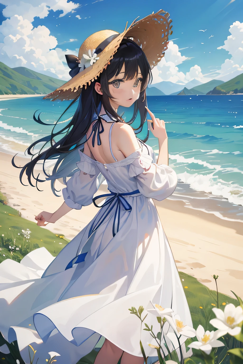 top quality、on the table、In the distance are mountains and sea grassland、wearing a straw hat１people girl、look up、put your hand on it、White floral dress、sandals、Clear face，side，((back)),gesture，stand，petal，