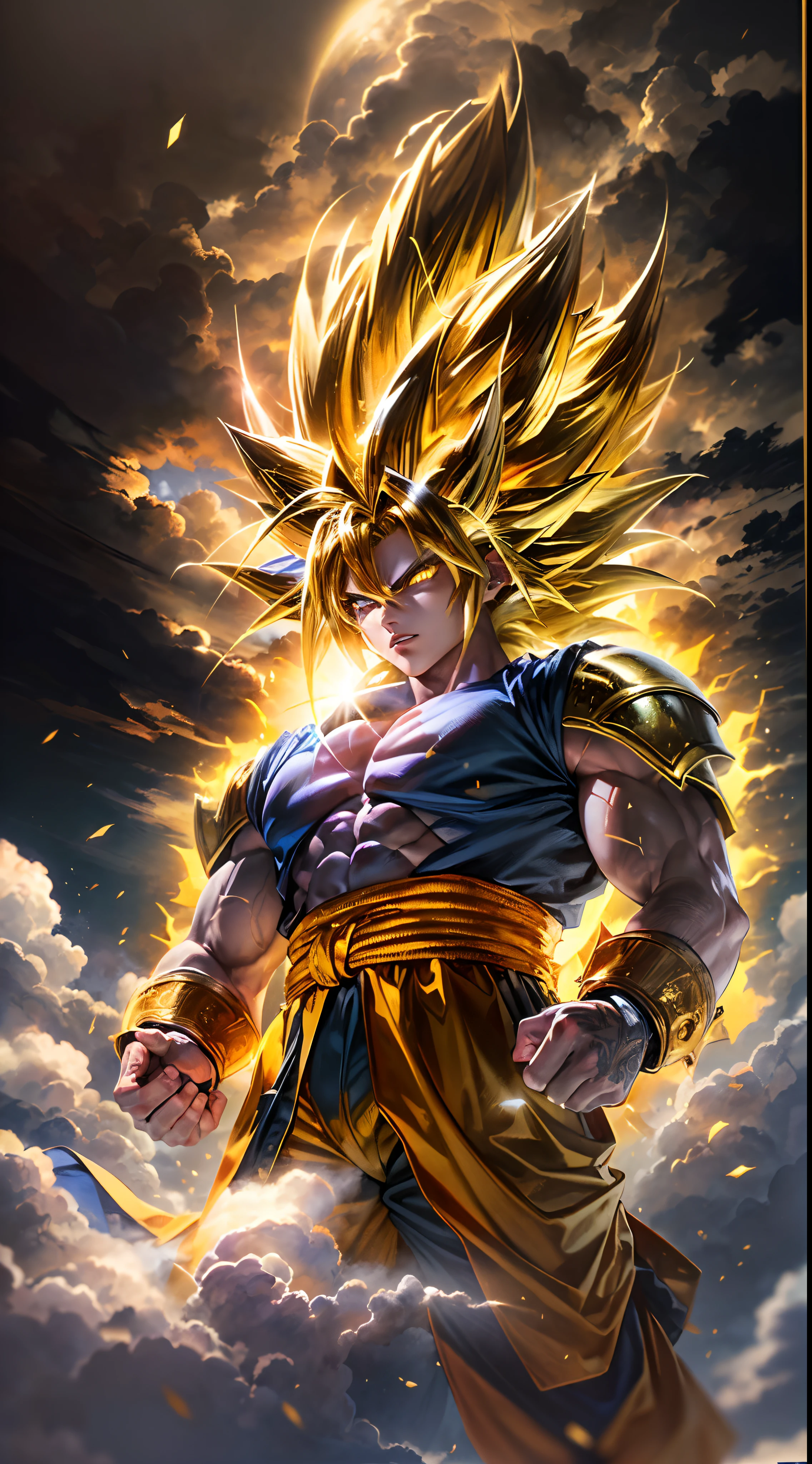 super Saiyan Sun Goku standing on a gold cloud,(best quality,highly detailed,masterpiece,HDR,UHD,64K:1.3),Professional,realistic,RAWphoto,Vivid Colors, stunning black and gold background, sky white cloud background, the cloud is super fast and pull out a long line, glowing bright yellow eyes, Clear facial features, Vivid expressions, GoPro