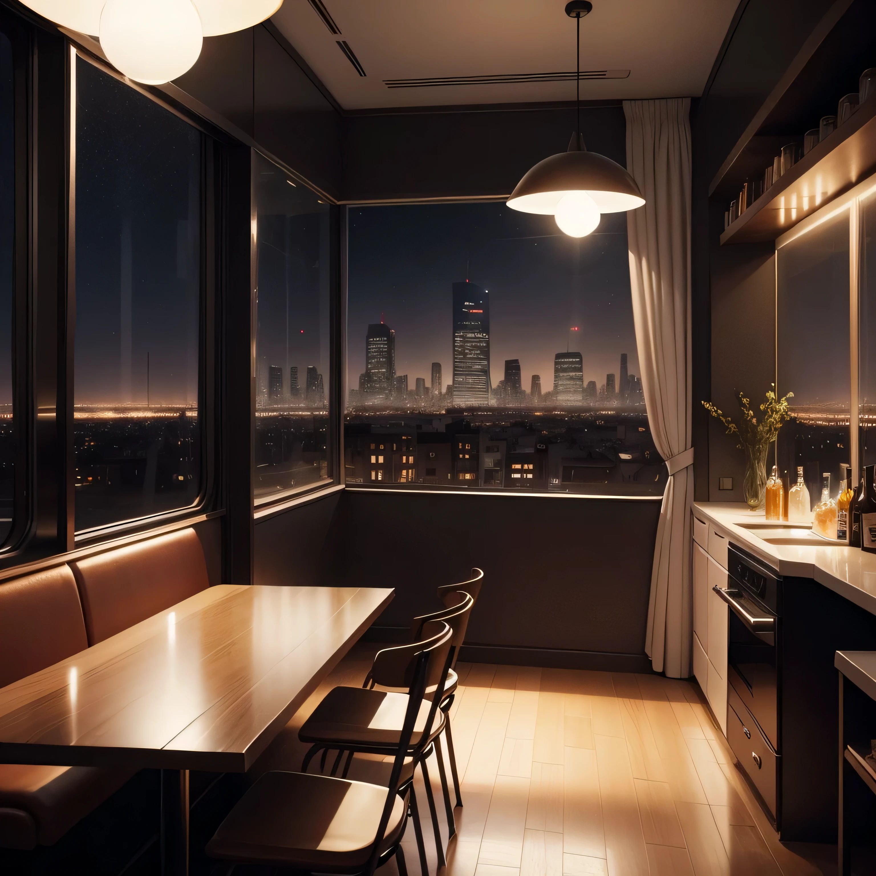 concept art, there are no humans, Elegant modern cafe interior, drink bottles on the shelf, curtain, Large glass window on the side, City lights twinkling outside the window