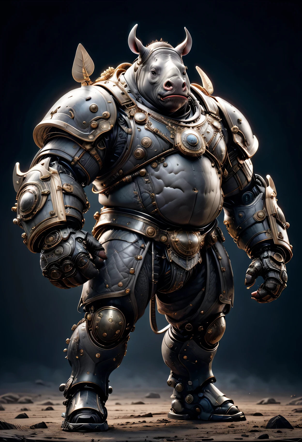 photorealistic portrait of Dressed animals - a ((fat)) rhino warrior,(brave pose), high quality,(lovely) ,intricate detailed giant mechanical arms, highly detailed ((mechanical armor) ,,highly detailed decorations, , (brave), studio lighting,(full body image from head to toe:1.5)