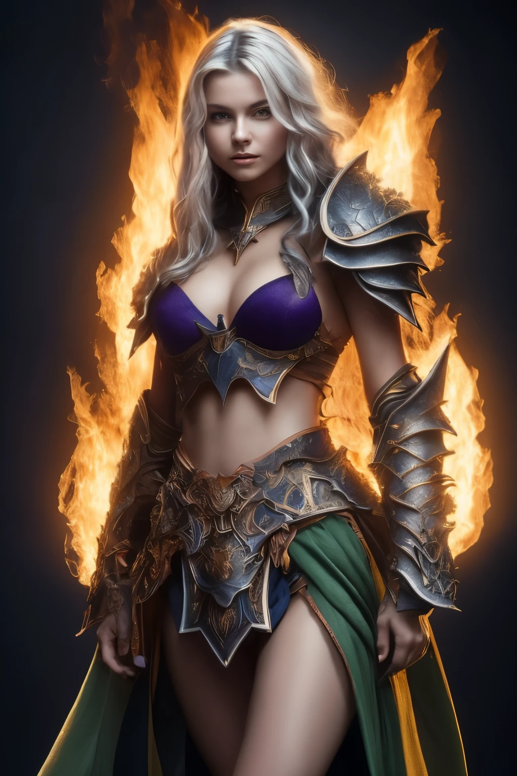 ((best quality)), ((masterpiece)), (detailed), perfect womam de corpo todo with a powerful gaze and an ancient, divine blue power running through his veins. she is a god of the destruction. She has long, wavy light brown hair, her pupils are a mix of blue, green, yellow, orange and purple. And powerful warrior clothes with a fire monster and a water monster on each side of her. Don't sexualize her, por favor. Make her with curtain bangs with waist-length hair and tanned skin and warrior armor with a sword