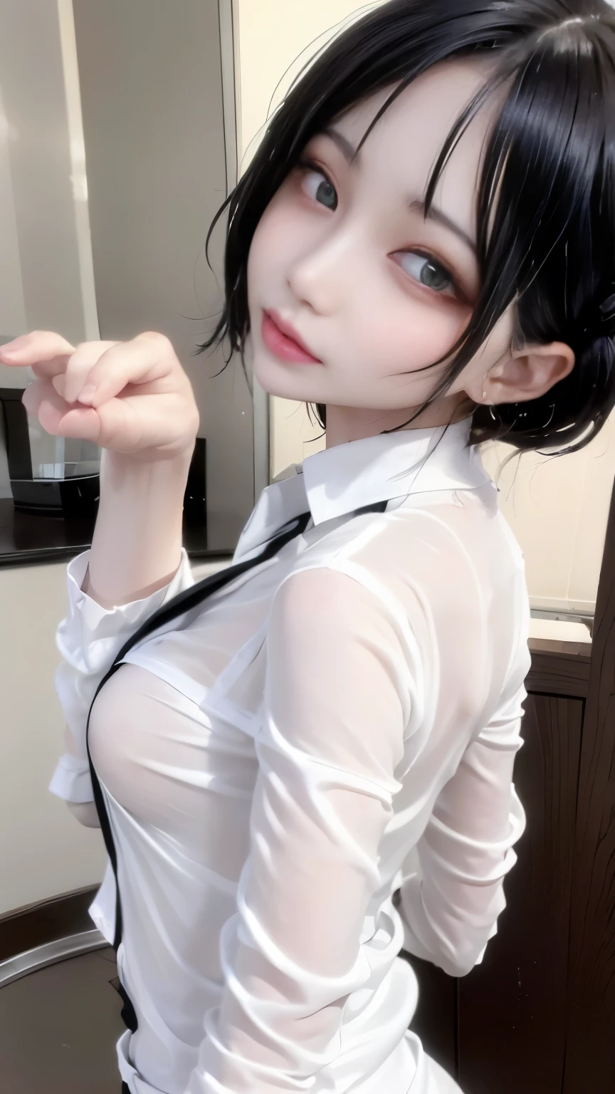 Fubuki Photos, black hair, green eyes, short hair, had big breasts and a big butt, (wet skin and hair:1.5), (white skin), (sweating) ,(beautiful scenery),(perfect face), masterpiece, blush, 1 girl, alone, sexy pose, Smooth anime CG art, slight smile, (jirai fashion、jirai make up), (5 girl:1.8)、in a hotel room、bedroom、on the bed、small face、white oversized shirt