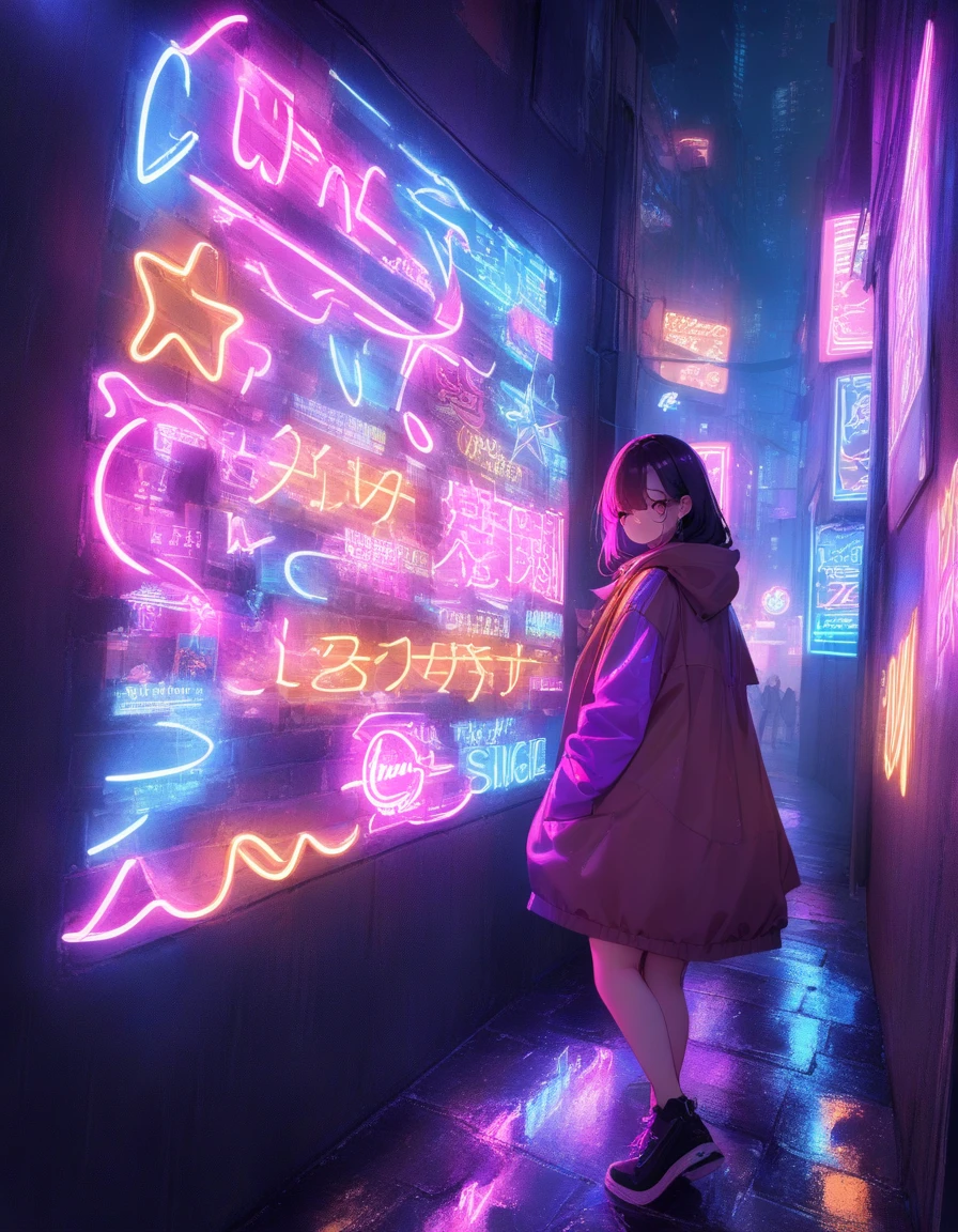 1girl, Neon Sign, PENeonSign, neon sign, glowing, colorful, masterpiece, best quality, very aesthetic, absurdres, (a vibrant composition, intense colors,high contrast),neon sign,luminous lights,dark urban alley,glowing words,nighttime cityscape,vivid futuristic atmosphere,reflections on wet pavement,neon tubes,hazy smoke,rich texture,shimmering glow,mystery in the air,electric energy,exciting nightlife,urban hustle and bustle,techno vibes,aesthetic appeal,modern design,retro feel,artsy nightlife scene,light trails,neon colors,impressive visual impact,lively and dynamic,abstract shapes,blurry background,striking visual contrast,glittering city lights,mesmerizing ambiance,electricity in the air,trendy spot to hang out,captivating visual spectacle,eye-catching display,lit-up facades,illuminated urban landscape,enticing glow,modern neon art,contemporary artistic expression,vibrant and energetic,eye-popping colors,illuminated typography,futuristic cityscape with neon lights,neon reflections,glowing city nights