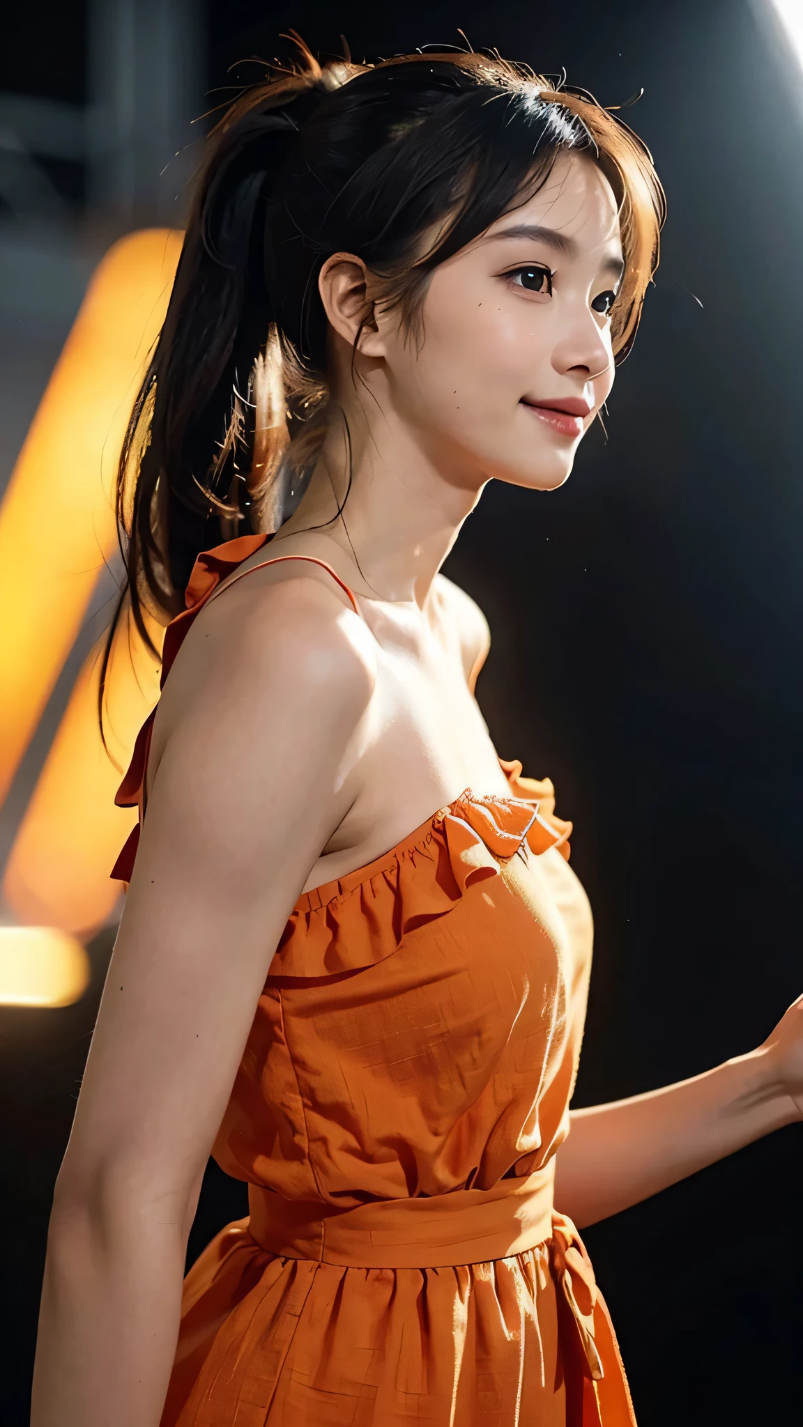 Orange colored long dress with lots of ruffles, softly shaped skirt,One woman,fully body photo,masutepiece, The highest image quality, High quality, the background is clear，Beautiful woman, Japanese, Detailed, Detailed eyes, Detailed skin, Beautiful skin, 超hight resolution, (reality: 1.4),Very beautiful woman, Slightly younger face, Beautiful skin, slender, (Ultra photo realsisim), (hight resolution), (8K), (Very detailed) (beautifully detailed eyes), (super detailed),   (Detailed face), view the viewer, Fine details, Detailed face, Staring straight ahead, Staring straight ahead, photos realistic, Bright lighting, Professional Lighting, Black hair,poneyTail,a baby face,sixteen years old,Hairstyle is ponytail,long ponytail hairstyle,smile,standing on stage at a concert venue,close up of face