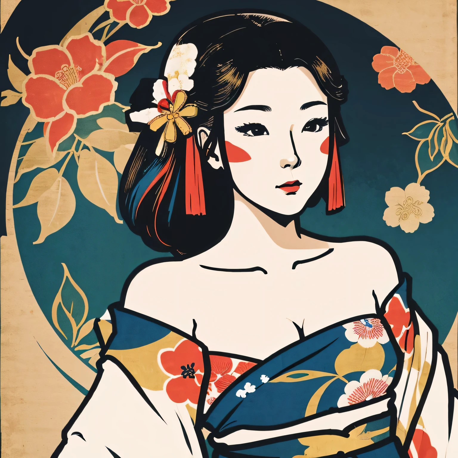 Art vintage japonais, Conception de t-shirts, art vectoriel, art plat:1,4. \\ (japonaise, en kimono, best quality, Art officiel, Beaucoup de couleurs, couleurs du japon, ukiyo-e, couleurs, printemps , bare shoulders, belles formes,: 1.2