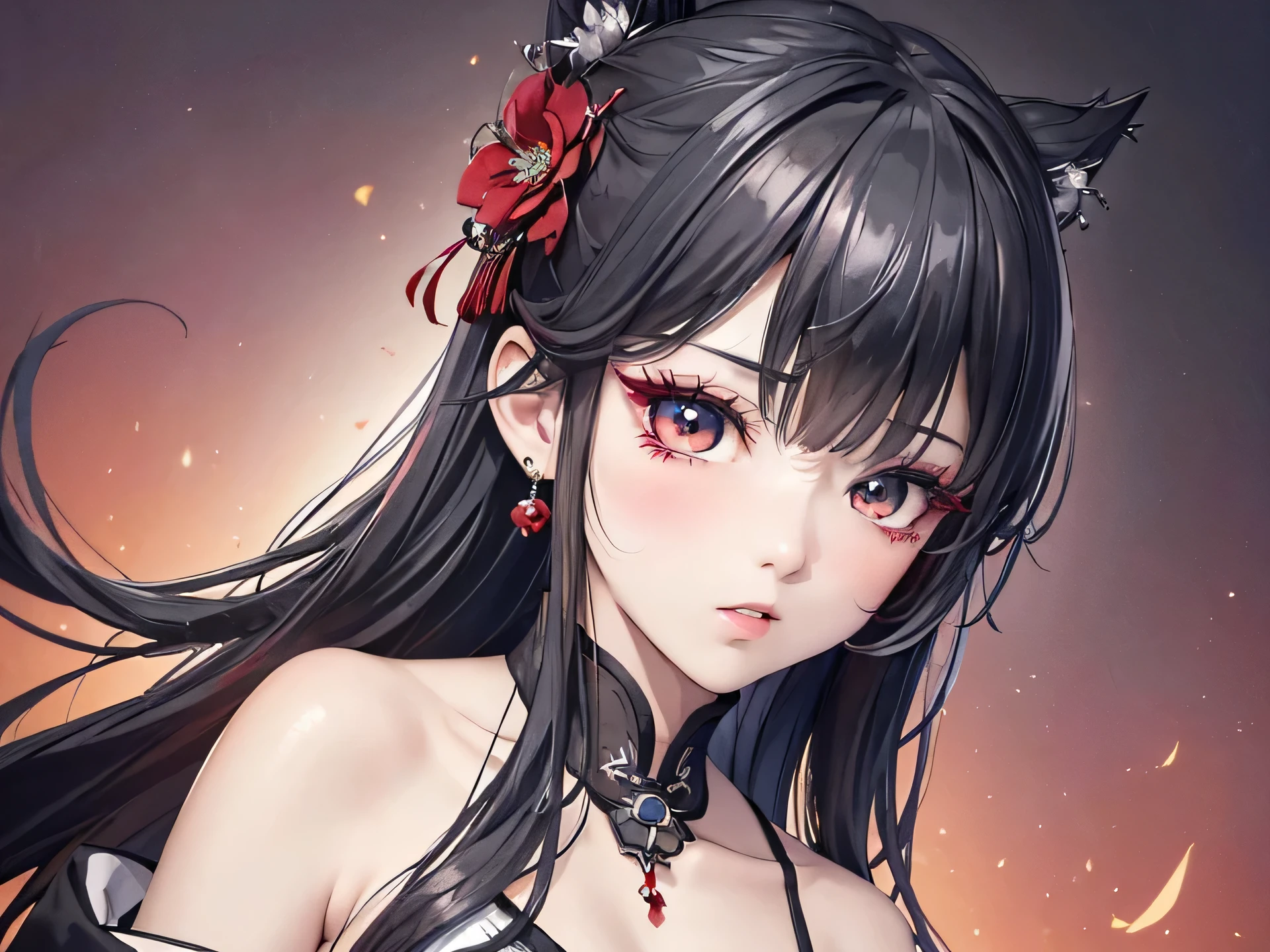 ((High resolution)), (open mouth), (top quality), ((Ultra-fine)) (Ultra-fine CG)), ((8K_wallpaper)), Dynamic angle, floating, (There are beautiful details in the eyes), Very delicate and beautiful girl, Upper body, ink painting, (Chinese style), black eyes, combustion, Detail lights. from_low, (black hair), (red) lily: 1.33), water eyes, (hair flower: 1.3), bloom, single, starry sky, hair accessories, earrings, jewelry, messy hair, bare shoulders, half-closed eyes, (hanfu: 1.3), (medium breasts): 1.2), (eye shadow, red eyeliner: 1.15), (eye shadow, red eyeliner: 1.15), (eye shadow, red eyeliner: 1.15), (eye visible through hair: 1.2), (Solo exhibition), Red Moon,heterochromatic pupils