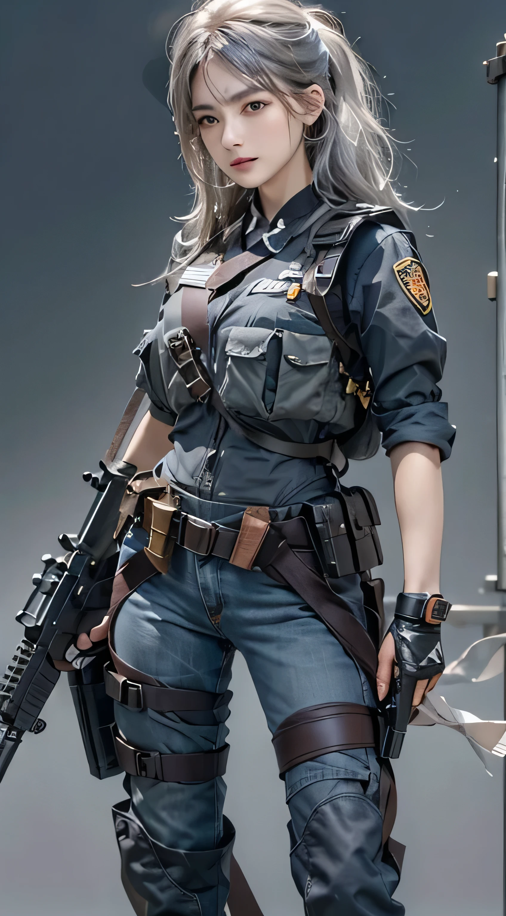 realistic, High resolution, 1 female, alone, hip up, look at the audience, (detailed face), gray hair, swat vest, gun, jewelry