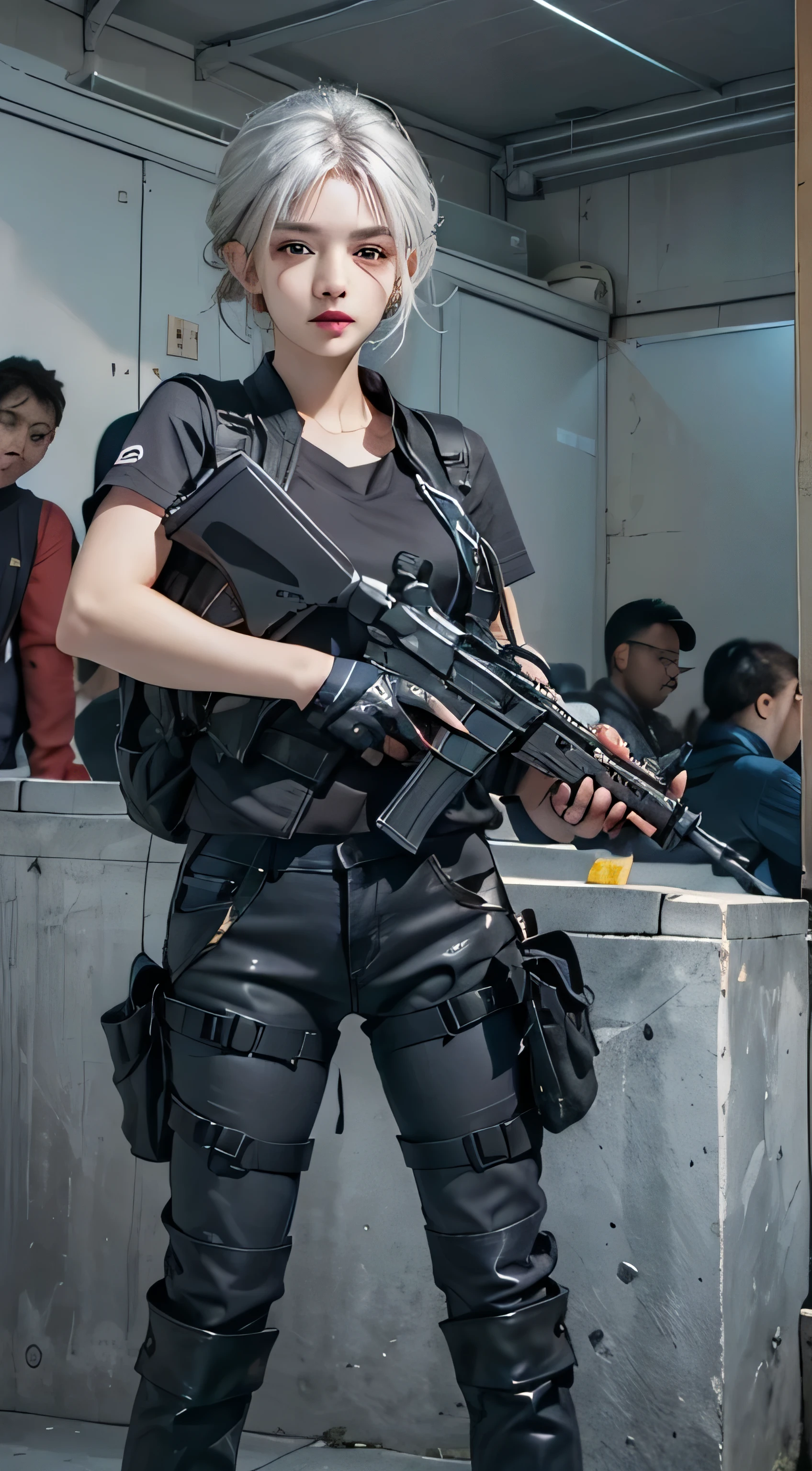 realistic, High resolution, 1 female, alone, hip up, look at the audience, (detailed face), gray hair, swat vest, gun, jewelry