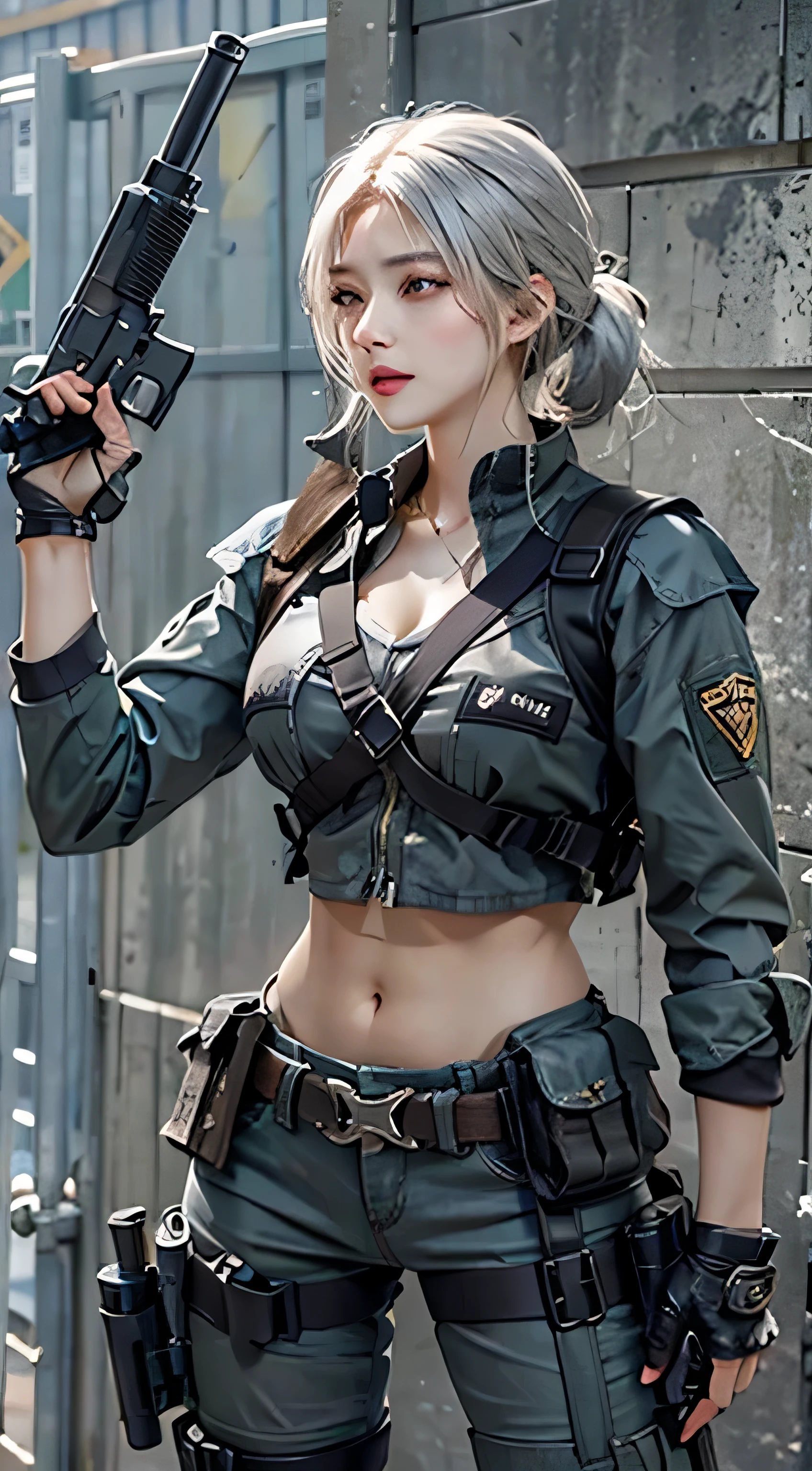 realistic, High resolution, 1 female, alone, hip up, look at the audience, (detailed face), gray hair, swat vest, gun, jewelry