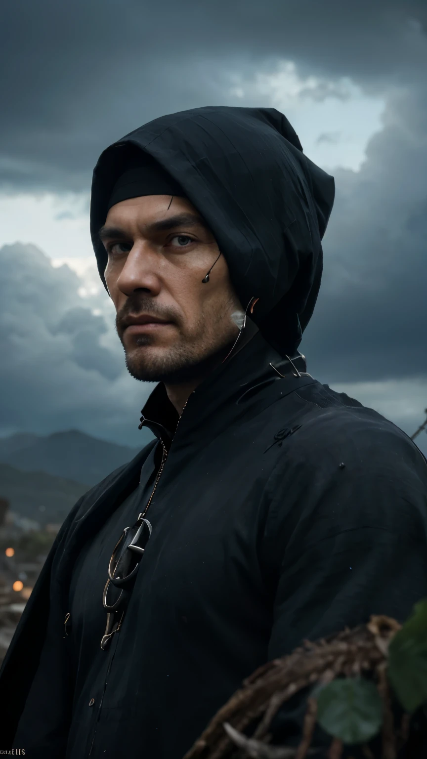 (absurdres, highres, ultra detailed), 1 male, mature, aged up, handsome, tall muscular guy, broad shoulders, very short hair, undercut, aquamarine eyes, finely detailed eyes and detailed face, extremely detailed CG unity 8k wallpaper, intricate details, (style-swirlmagic:0.8), portrait, looking at viewer, solo, (full body:0.6), dynamic pose, detailed background, madness in eyes, hovering in the air, necromancer, evil to the core, red clouds, casting a spell, fireball, hooded dark robe, dark circlet, underworld, warhammer theme, bringer of the false light, dark clouds, floating pieces of dirt, decadence, evil energy emanating, dark aura, broken shackles, , cowboy shot absurdres, highres, ultra detail), 1 pria, dewasa, lanjut usia, tampan, pria tinggi berotot, bahu lebar, rambut sangat pendek, undercut, mata aquamarine, mata detail halus dan wajah detail,