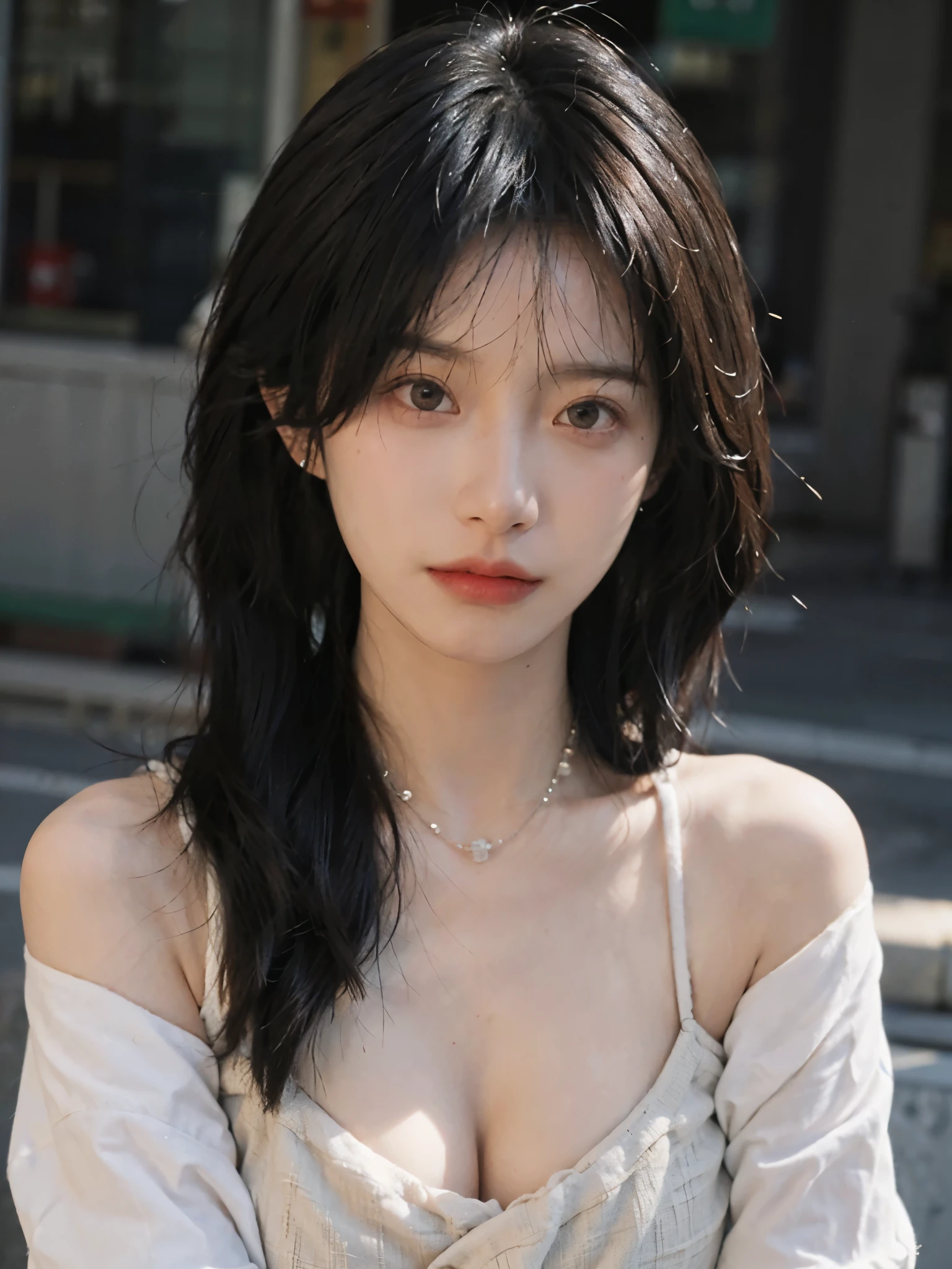 Film portrait photography, 1 girl, bare shoulders,lipstick，（flat chest：1.4）， wavy shoulder-length hair, wear necklace，scarf，earrings，short sleeves，serene, calm, (Realistic and detailed eyes, natural skin texture, Realistic facial details), Soft dramatic lighting, depth of field, Bokeh, Big breasts，cleavage，Vibrant details, Detailed and detailed, surreal, 35mm film, hazy, ,
