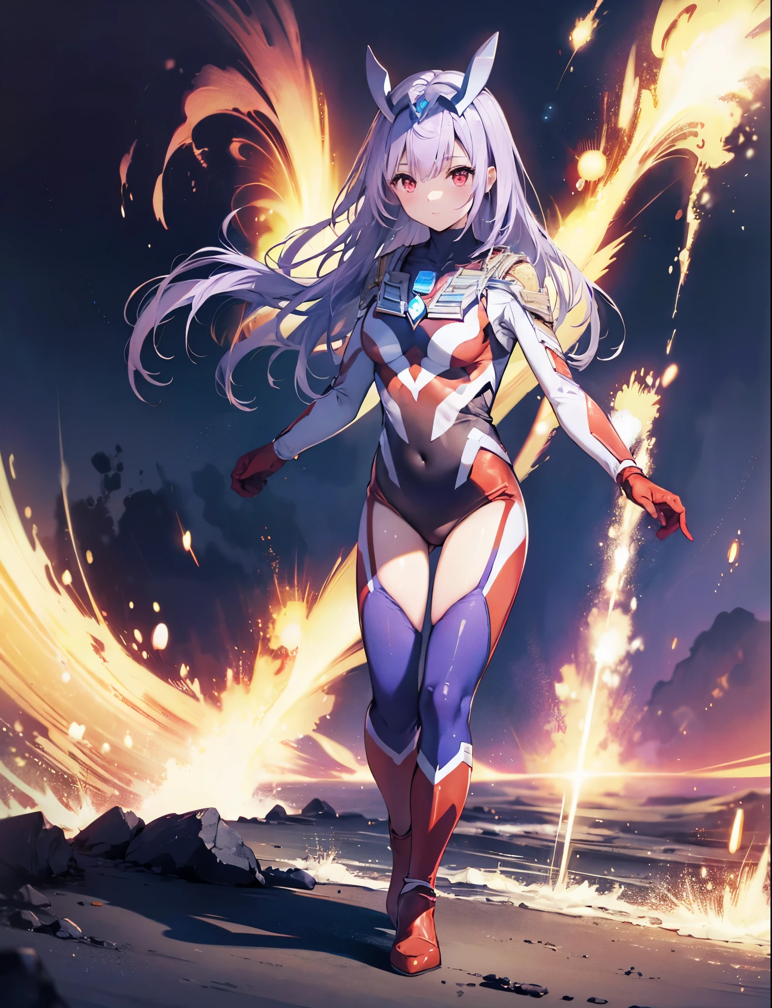 realistic,highest quality, ultra detail, High quality CG drawing, The most delicate and beautiful, Floating gently, High resolution, (1 girl), (Highest image quality,4K,8K,masterpiece:1.2) ,light purple hair,Rabbit,Bunny ears,long hair,red eyes,(ultra girl:1.0),(red ultraman bodysuit:1.4),red gloves,red shoes