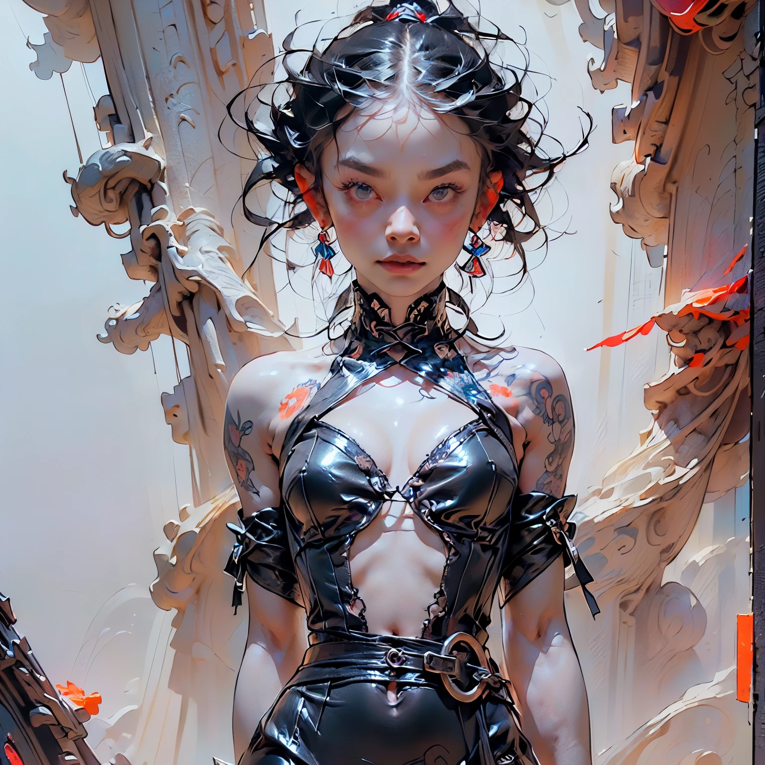 (((Create one girl 16+ years old.), (close-up), (stands all tall)), ((Dark and mysterious), (Night, rain blood, gothic anime girl)))_(((Gothic unusual masterpiece art)),((ominous clouds, hauntingly beautiful, ethereal moonlight, eerie shadows))_(((Little , miniature, chibi, full-length)),((miniature-graceful body, full-length - standing) , (beautiful figure, half-turn)_(16+ years)))_(((Cute girl, small peach breasts, graceful figure, narrow waist, smooth hips)),((long double braids),(tight braids) , (braided hair),(dark hair)),((red lips)), ((smile)))_ ((((Shiny skin:1.5, white skin, light skin: 1.5)),((sexy), (erotic),(cute, kawaii)(nsfw)))_(((Bare shoulders, black lace dress)),(((red chiffon dress, very short dress, tight-fitting), (red), (sheer lace dress) ),((stands almost completely naked, tattoos)))_(((Arms in elbow pads, palms in tactical gloves),(bare thighs, stomach)),((legs in combat knee pads, thigh-high stockings)), (( chunky leather lace-up boots)))_(((Impressive artistry, exquisite details, gothic architecture, dramatic lighting, vibrant red hues, ominous figures, strange symbols, surreal elements))_((Strong contrasts, eerie, artistic masterpiece, detailed textures, dark color palette, foreboding horror), (alien flowers, skulls))_((Digital painting, anime style, cyberpunk), (best quality, 4k, high resolution, masterpiece: 1.2)),((ultra detail)) ,((realistic, photorealistic, photorealistic: 1.37)))_(((Soft clear shapes, broad strokes, attention to detail)))_(((High quality, 16K | Ultra HD | Full HD))).