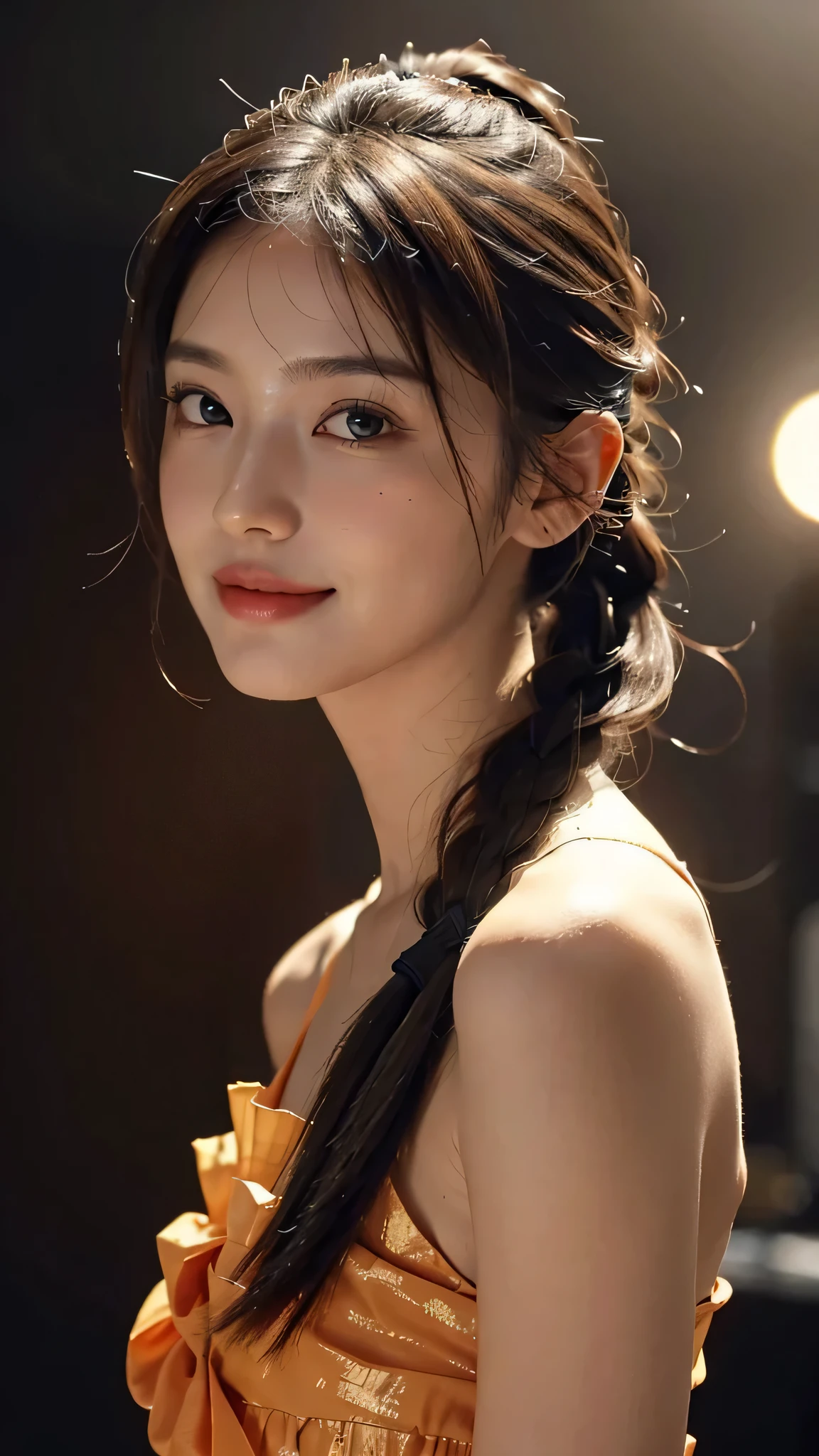 Orange colored long dress with lots of ruffles, softly shaped skirt,One woman,fully body photo,masutepiece, The highest image quality, High quality, the background is clear，Beautiful woman, Japanese, Detailed, Detailed eyes, Detailed skin, Beautiful skin, 超hight resolution, (reality: 1.4),Very beautiful woman, Slightly younger face, Beautiful skin, slender, (Ultra photo realsisim), (hight resolution), (8K), (Very detailed) (beautifully detailed eyes), (super detailed),   (Detailed face), view the viewer, Fine details, Detailed face, Staring straight ahead, Staring straight ahead, photos realistic, Bright lighting, Professional Lighting, Black hair,poneyTail,a baby face,sixteen years old,Hairstyle is ponytail,long ponytail hairstyle,smile,standing on stage at a concert venue,close up of face