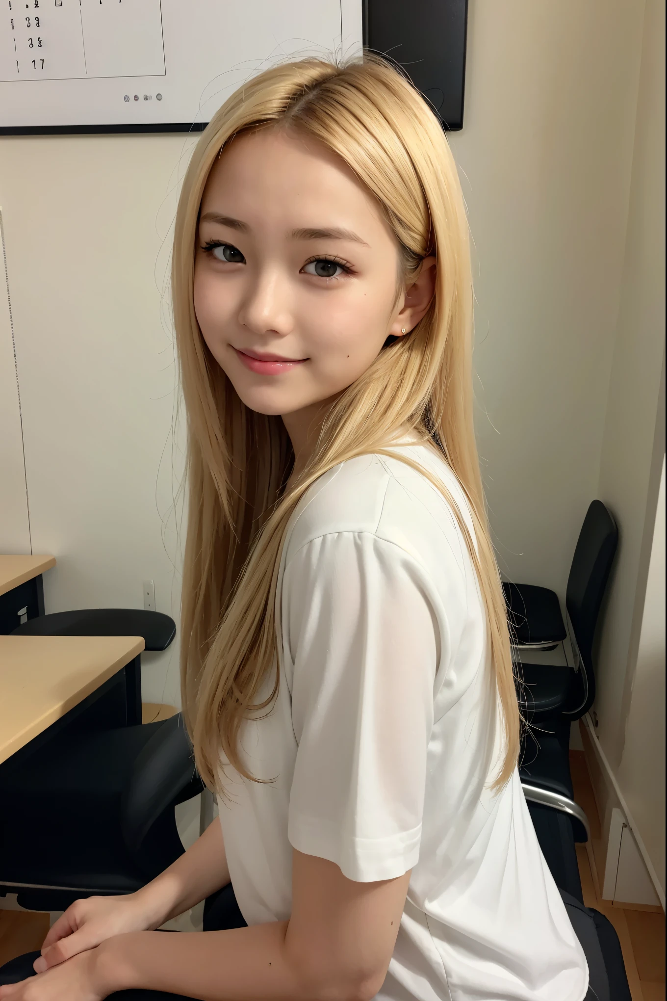 Realistic, masterpiece, highest quality, highest resolution, one Japanese high school girl, , upper body photo, Staring at me with narrowed eyes and a smile, smiling with open mouth, Beautiful and detailed eye drawing, droopy eyes, black eyes, thin eyebrows, Carefully draw eyelashes, A little tooth is visible, gal makeup, (blonde hair, midium hair, middle part:1.3), detailed face, white shirt, A was photographed from slightly behind., school classroom